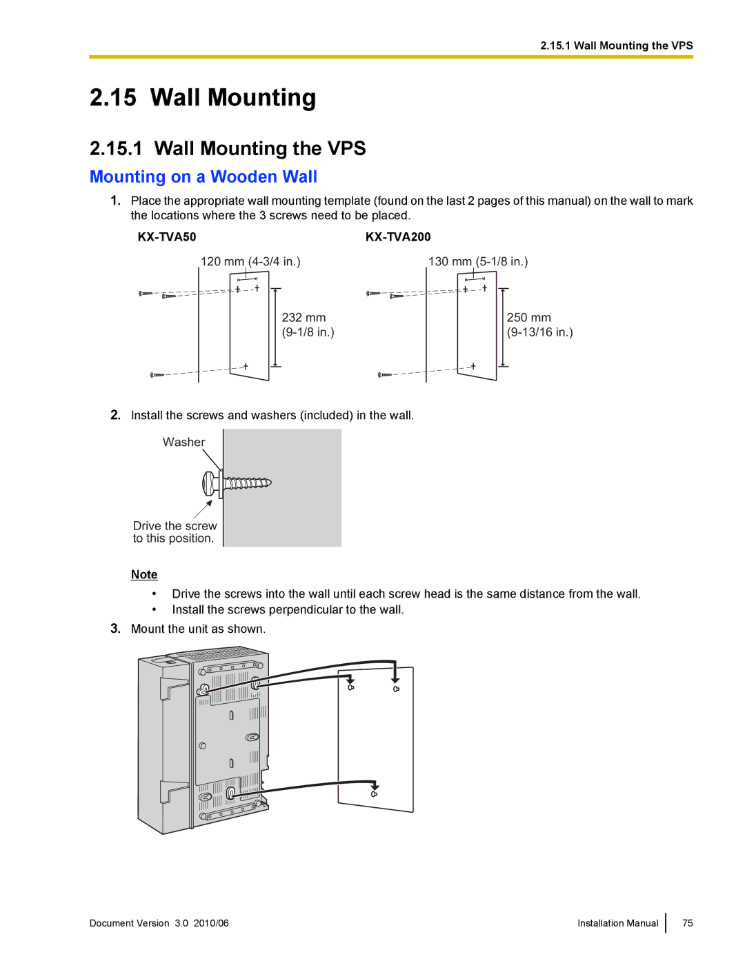 Panasonic KX-TVA50 installation manual Wall Mounting the VPS, Mounting on a Wooden Wall 