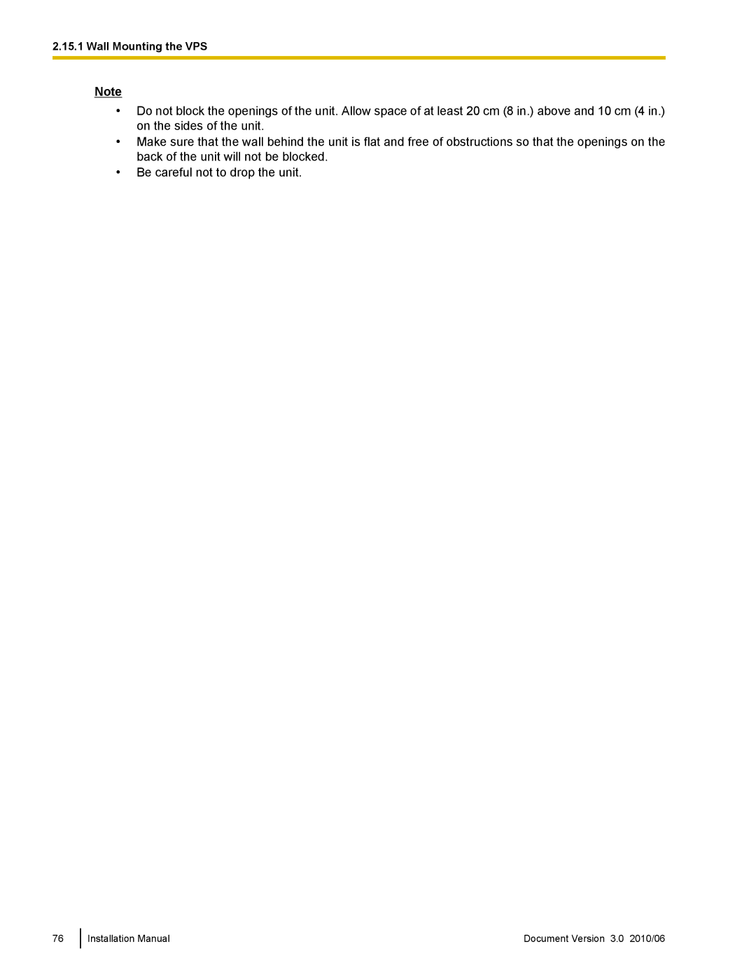 Panasonic KX-TVA50 installation manual Wall Mounting the VPS 