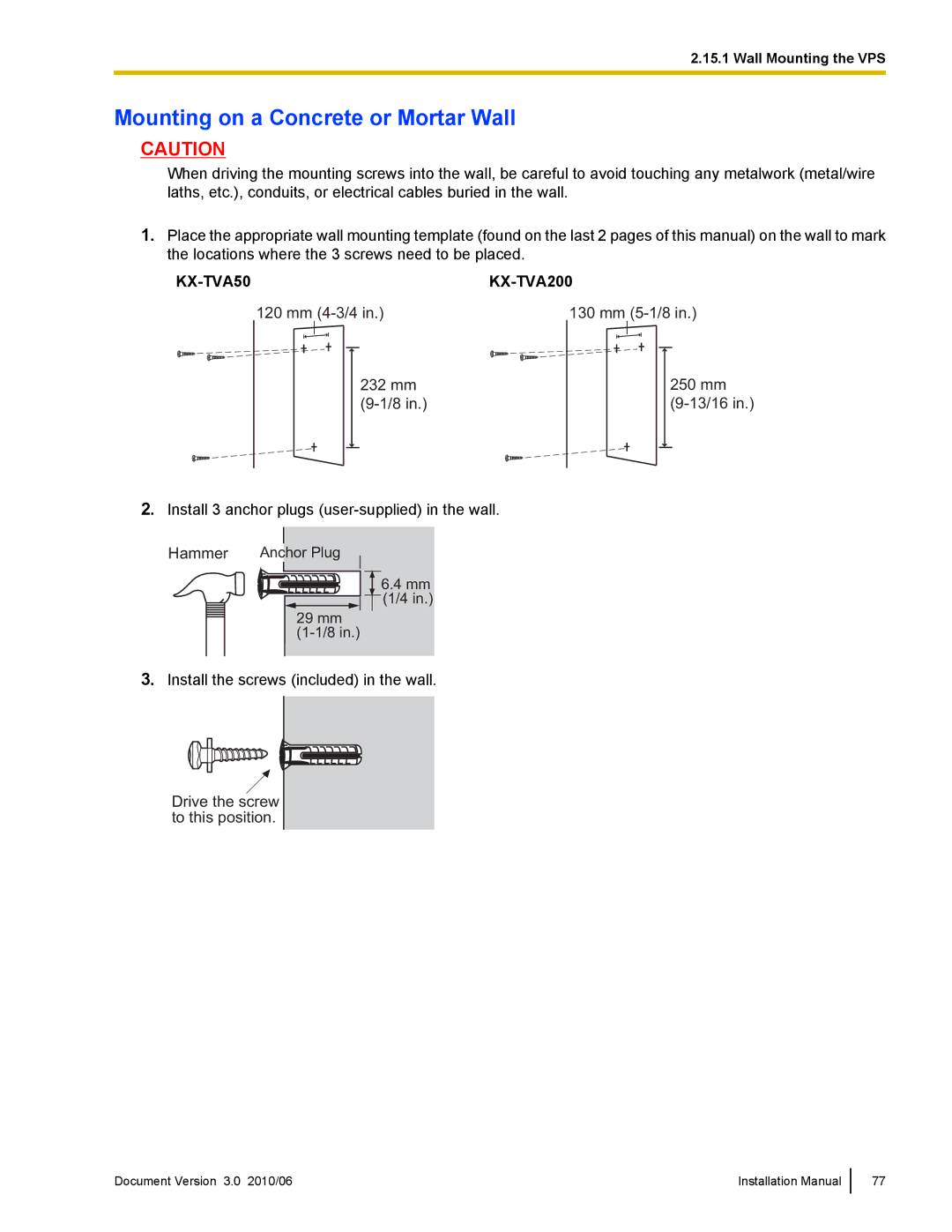 Panasonic KX-TVA50 installation manual Mounting on a Concrete or Mortar Wall 