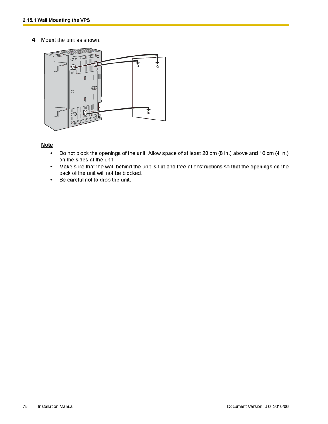 Panasonic KX-TVA50 installation manual Wall Mounting the VPS 