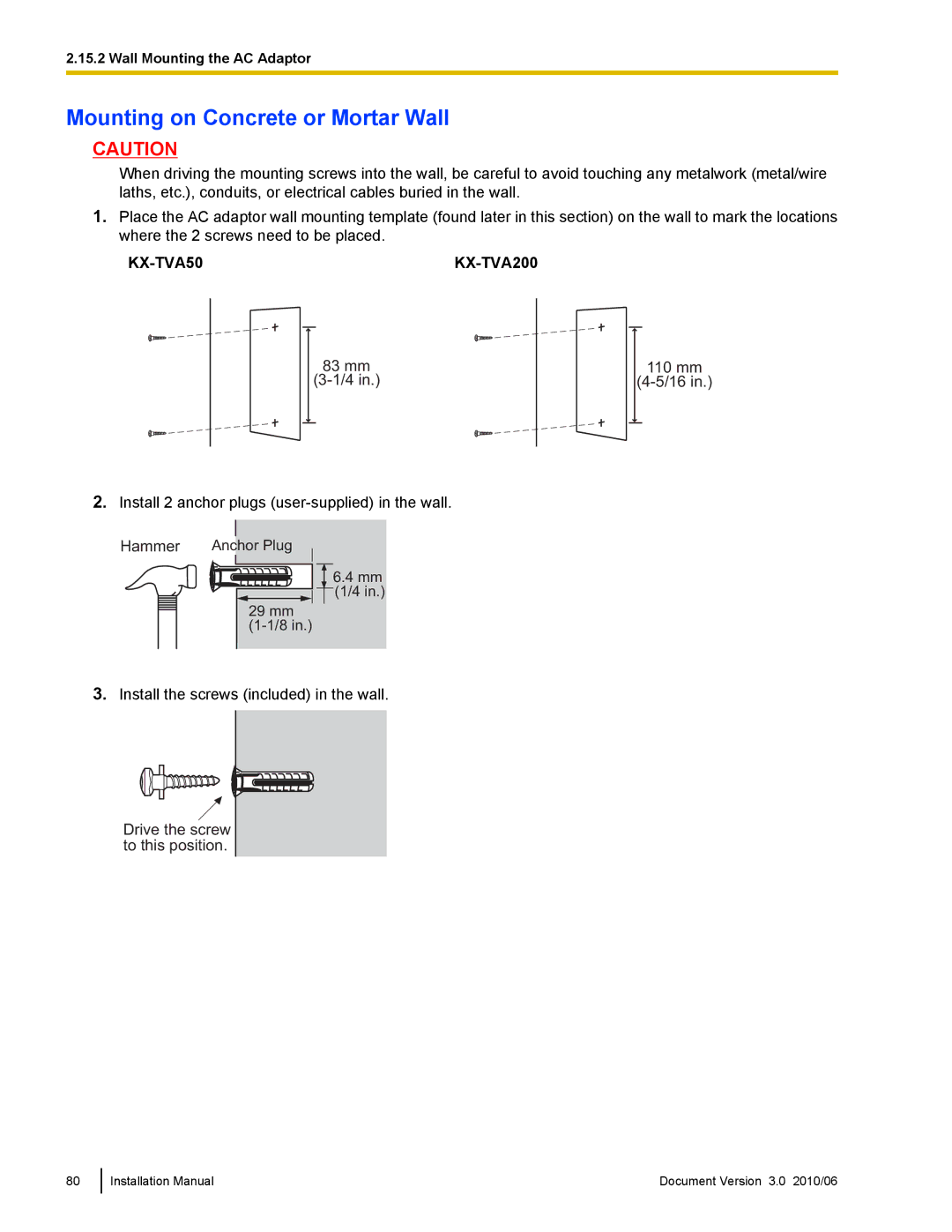 Panasonic KX-TVA50 installation manual Mounting on Concrete or Mortar Wall 