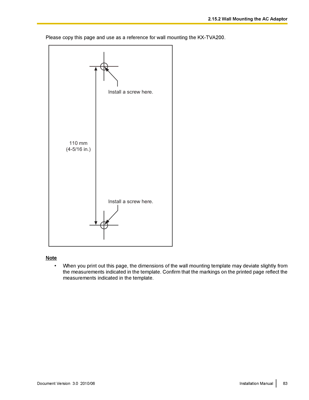 Panasonic KX-TVA50 installation manual Wall Mounting the AC Adaptor 