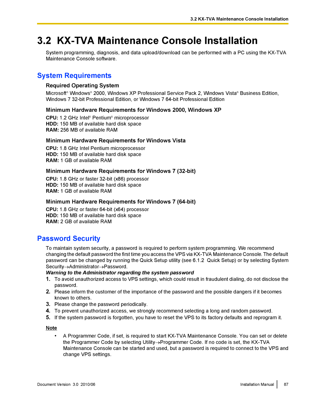 Panasonic KX-TVA50 installation manual KX-TVA Maintenance Console Installation, System Requirements, Password Security 