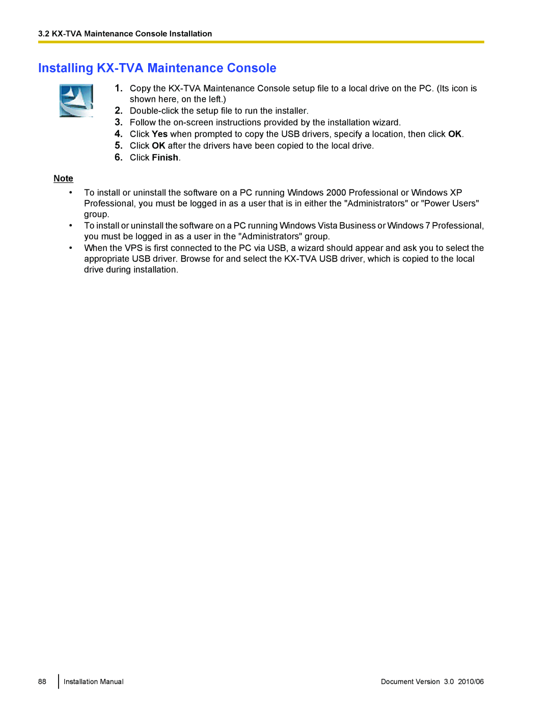 Panasonic KX-TVA50 installation manual Installing KX-TVA Maintenance Console 