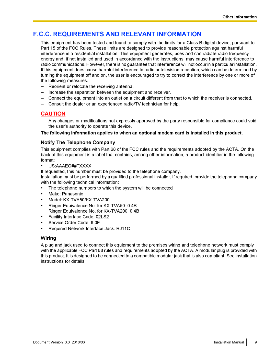 Panasonic KX-TVA50 installation manual Notify The Telephone Company, Wiring 