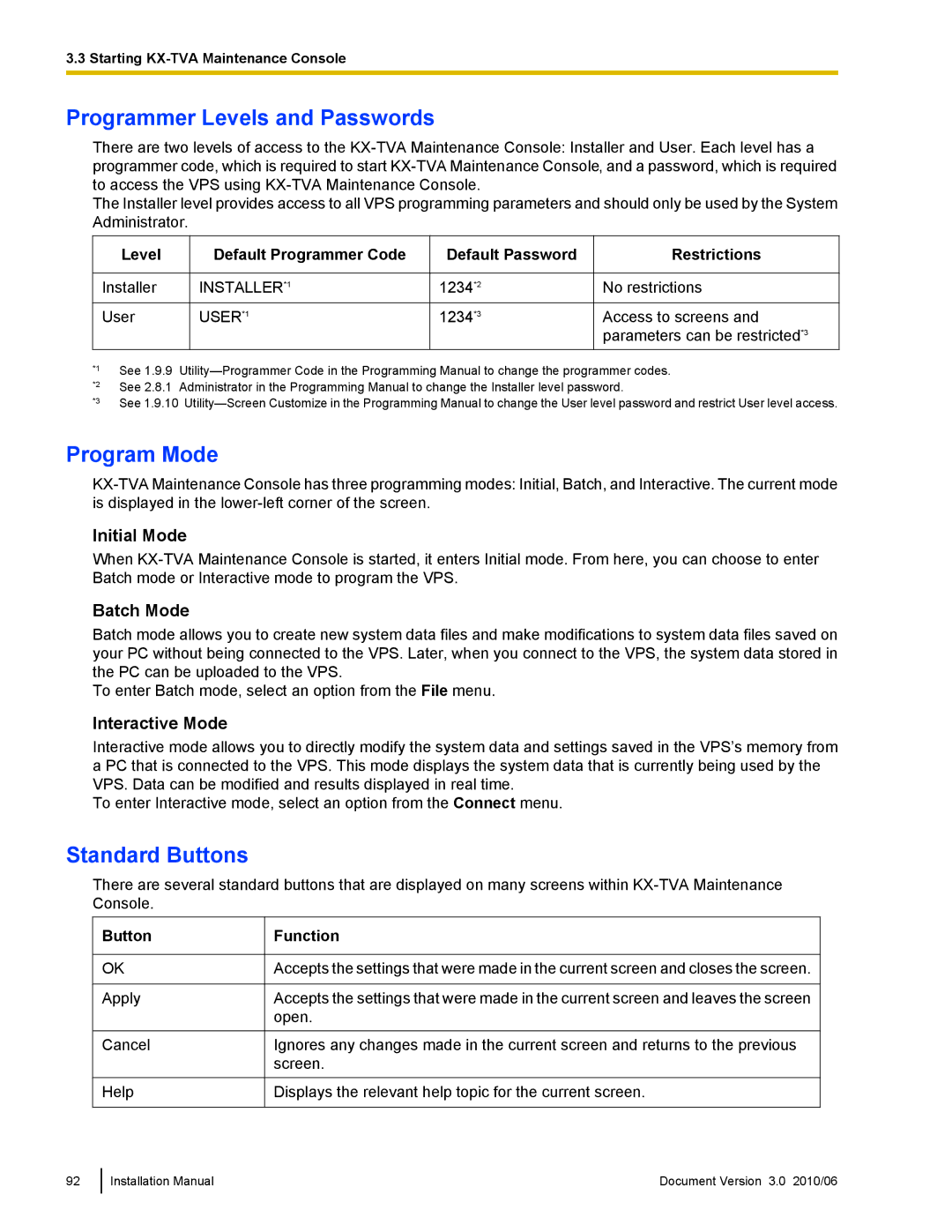 Panasonic KX-TVA50 installation manual Programmer Levels and Passwords, Program Mode, Standard Buttons 