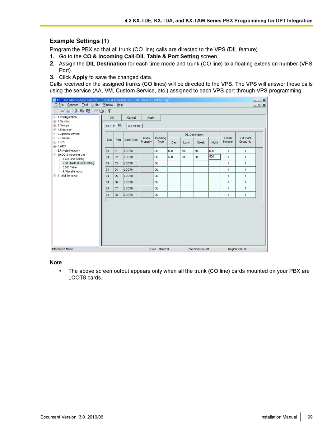 Panasonic KX-TVA50 installation manual Example Settings, Go to the CO & Incoming Call-DIL Table & Port Setting screen 