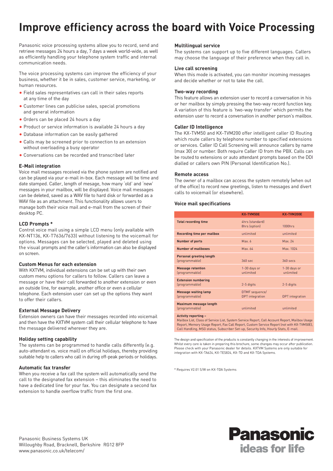Panasonic KX-TVM200E Multilingual service, Mail integration, LCD Prompts, Custom Menus for each extension, Remote access 