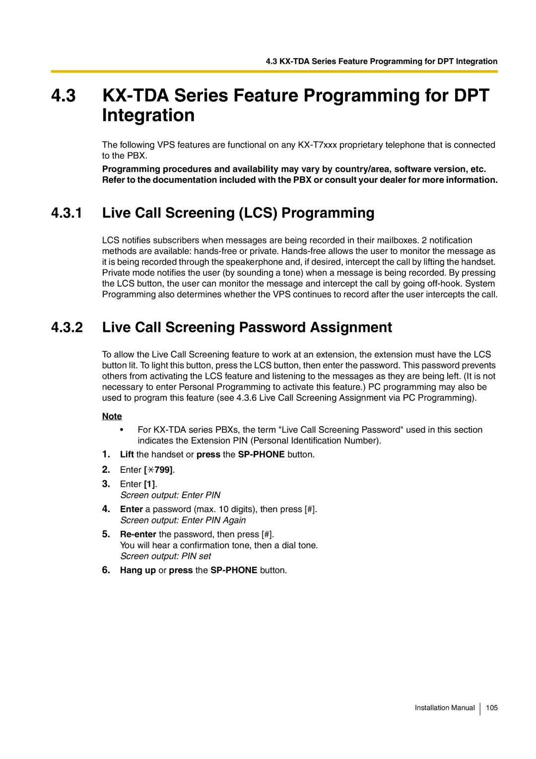 Panasonic KX-TVM50 KX-TDA Series Feature Programming for DPT Integration, Live Call Screening LCS Programming 