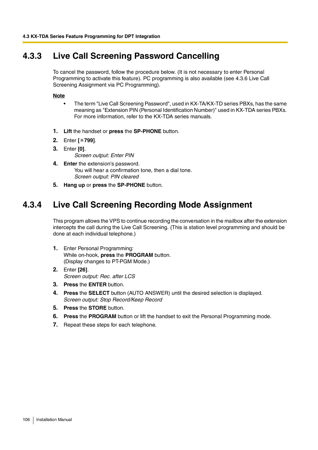 Panasonic KX-TVM50 Live Call Screening Password Cancelling, Live Call Screening Recording Mode Assignment 