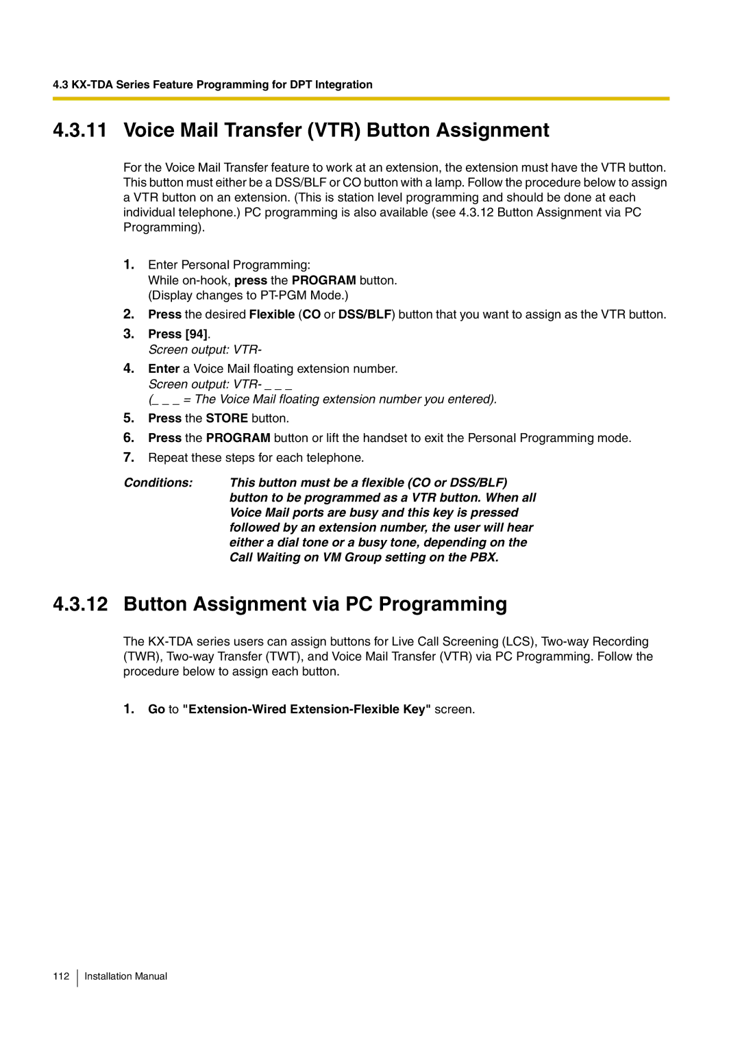 Panasonic KX-TVM50 installation manual Voice Mail Transfer VTR Button Assignment, Button Assignment via PC Programming 