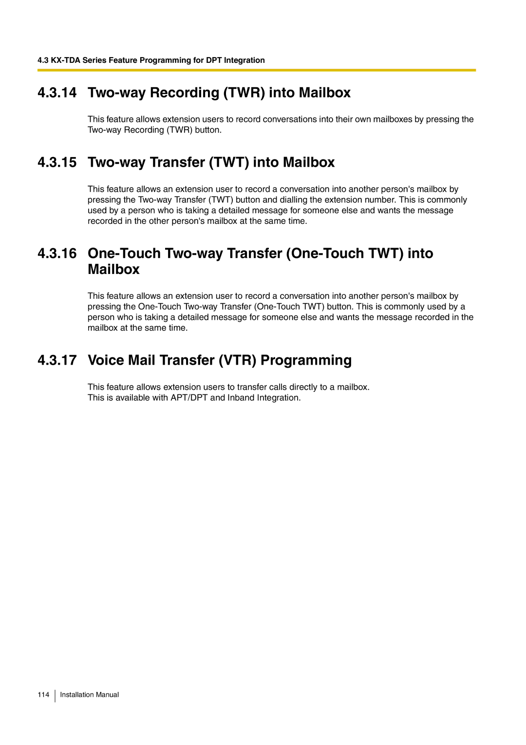 Panasonic KX-TVM50 installation manual Two-way Recording TWR into Mailbox, Two-way Transfer TWT into Mailbox 