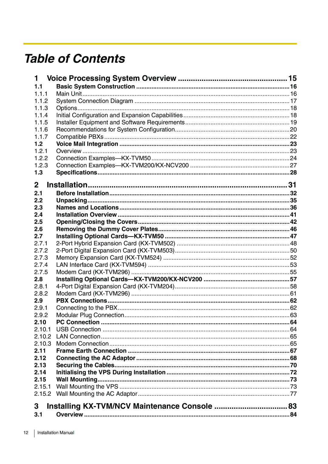 Panasonic KX-TVM50 installation manual Table of Contents 