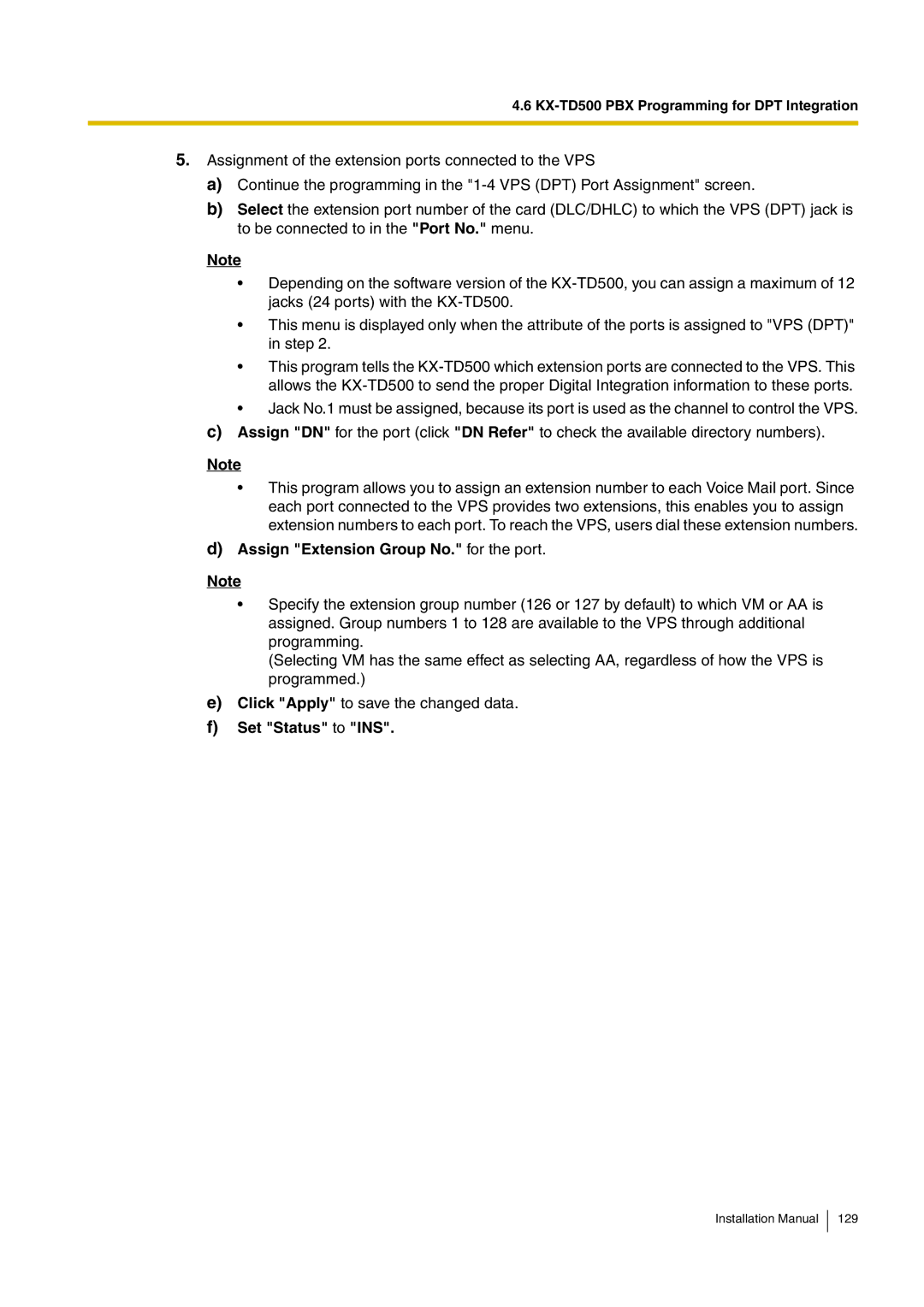 Panasonic KX-TVM50 installation manual Assign Extension Group No. for the port, Set Status to INS 