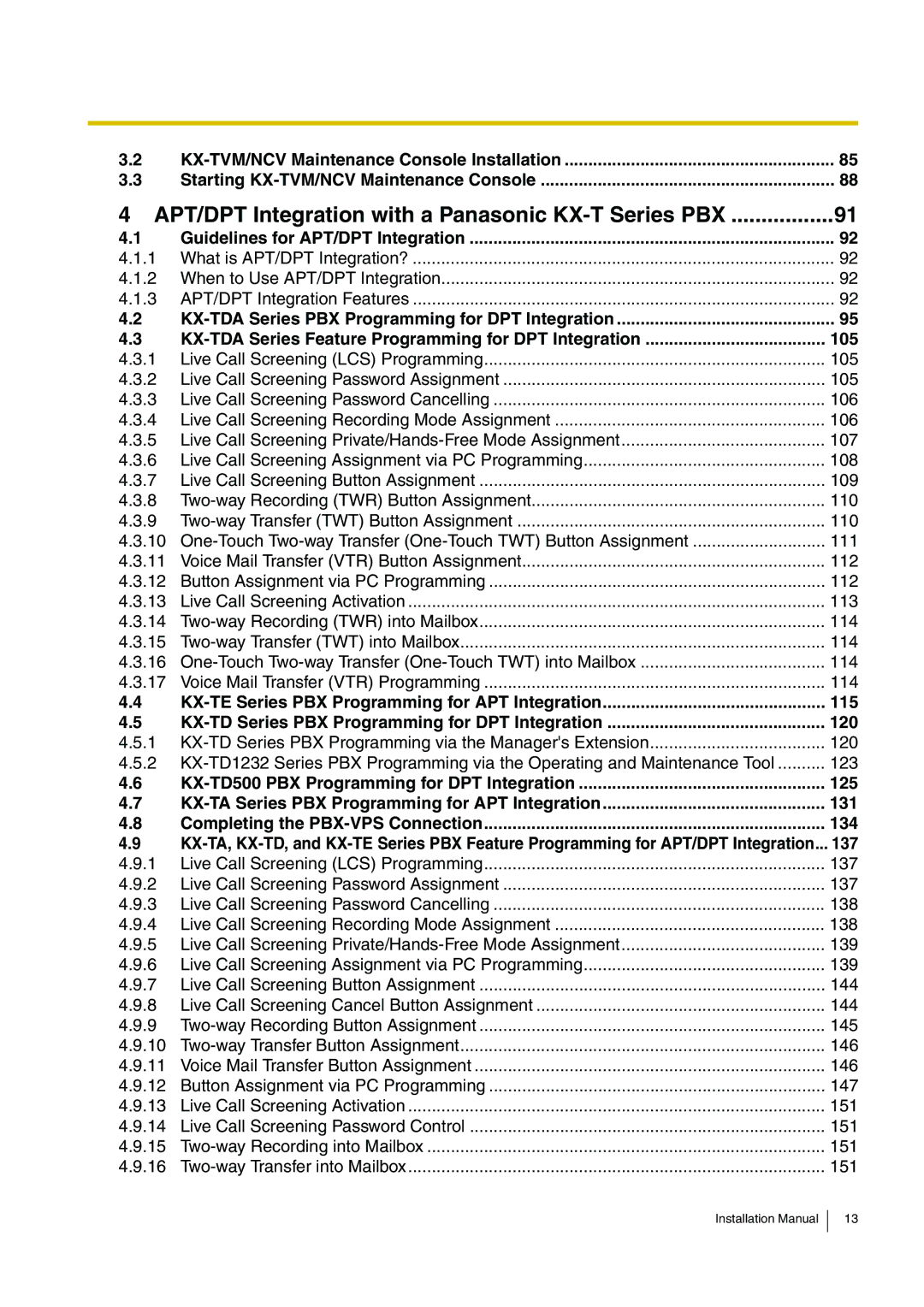 Panasonic KX-TVM50 installation manual 105, KX-TE Series PBX Programming for APT Integration 115, 120, 137 