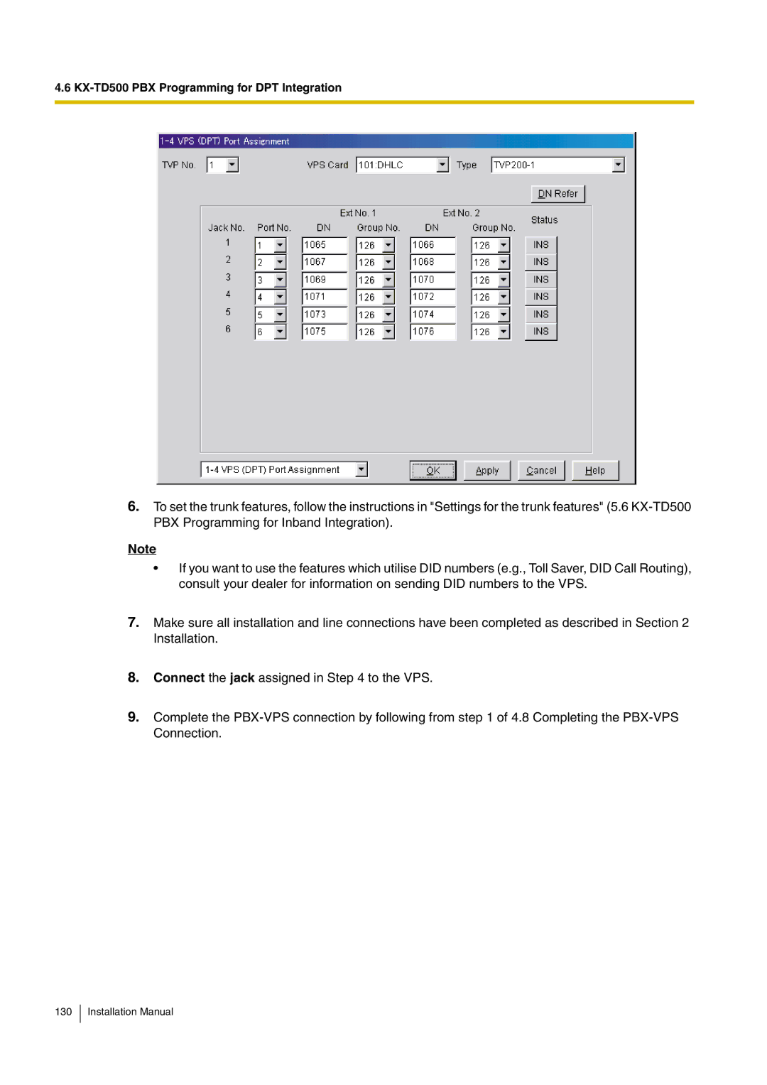 Panasonic KX-TVM50 installation manual KX-TD500 PBX Programming for DPT Integration 