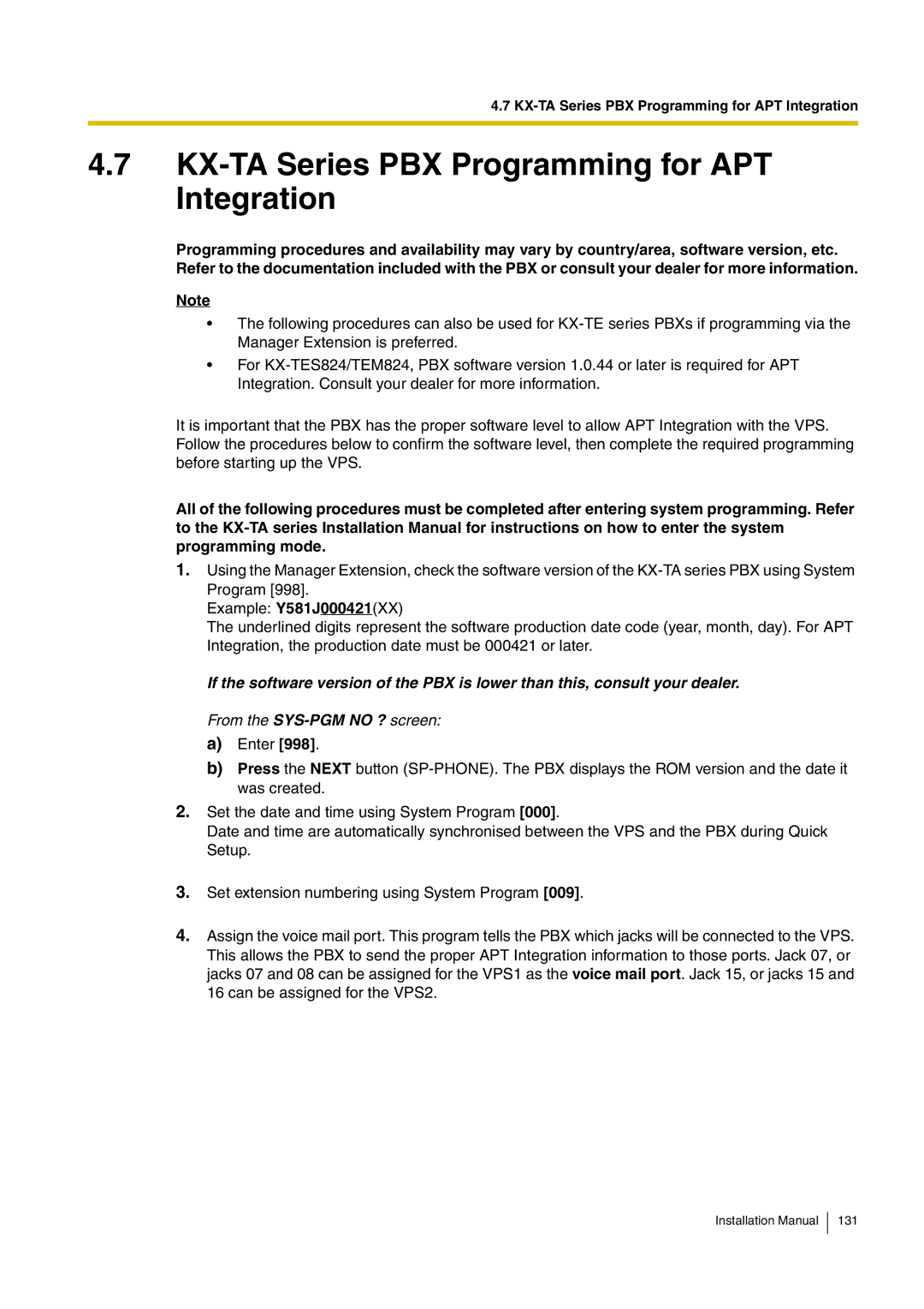 Panasonic KX-TVM50 installation manual KX-TA Series PBX Programming for APT Integration 