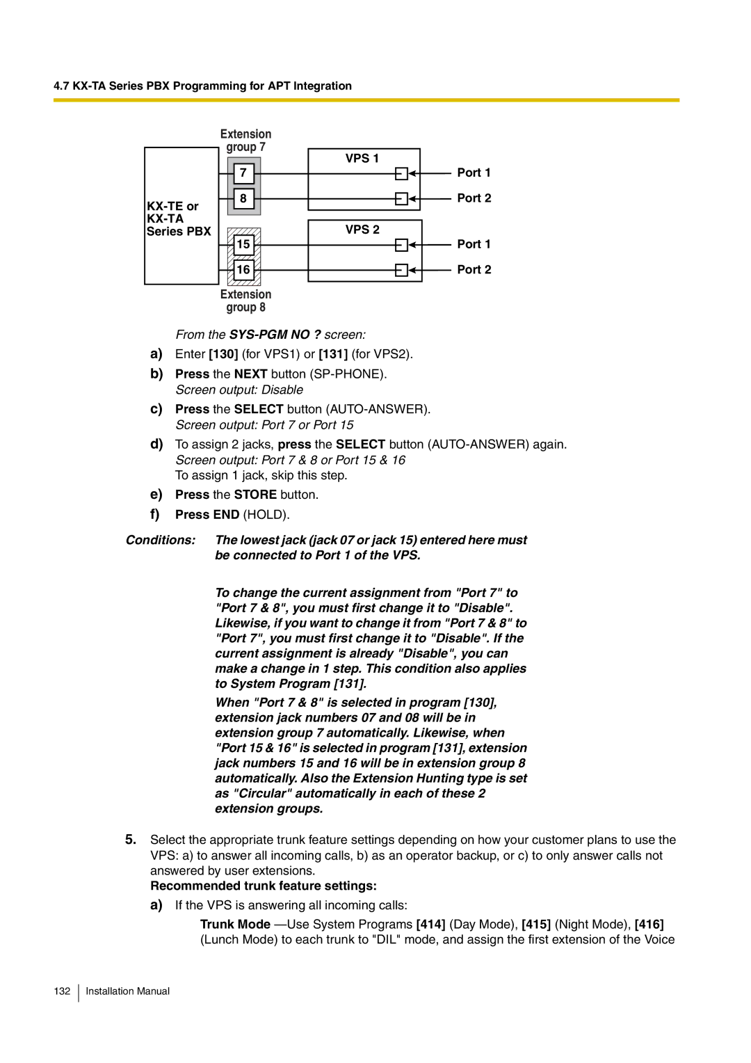 Panasonic KX-TVM50 Extension Group, Port, Press the Store button Press END Hold, Recommended trunk feature settings 