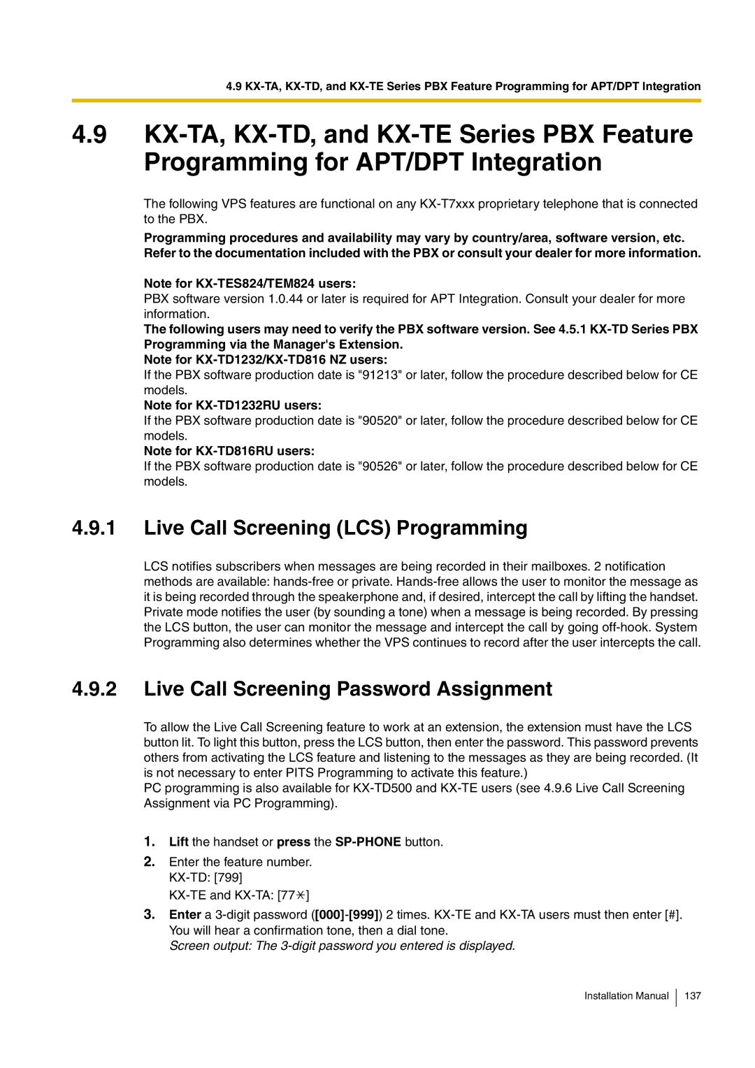 Panasonic KX-TVM50 installation manual Screen output The 3-digit password you entered is displayed 