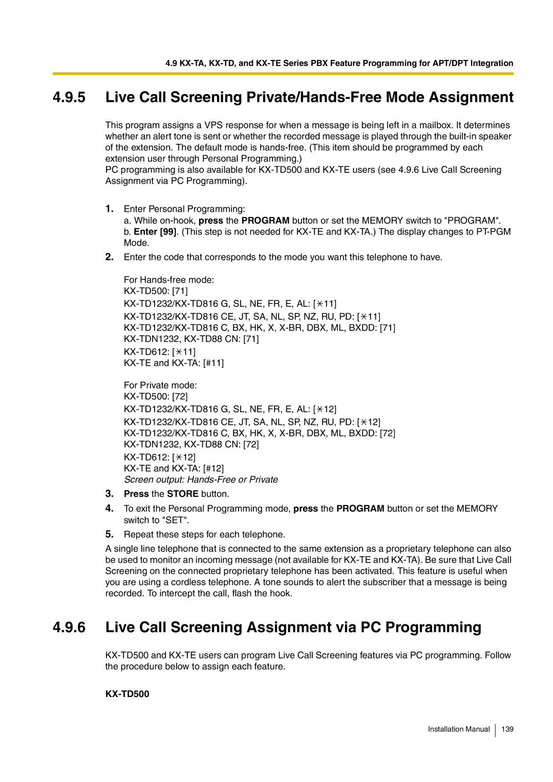 Panasonic KX-TVM50 installation manual Live Call Screening Private/Hands-Free Mode Assignment, KX-TD500 