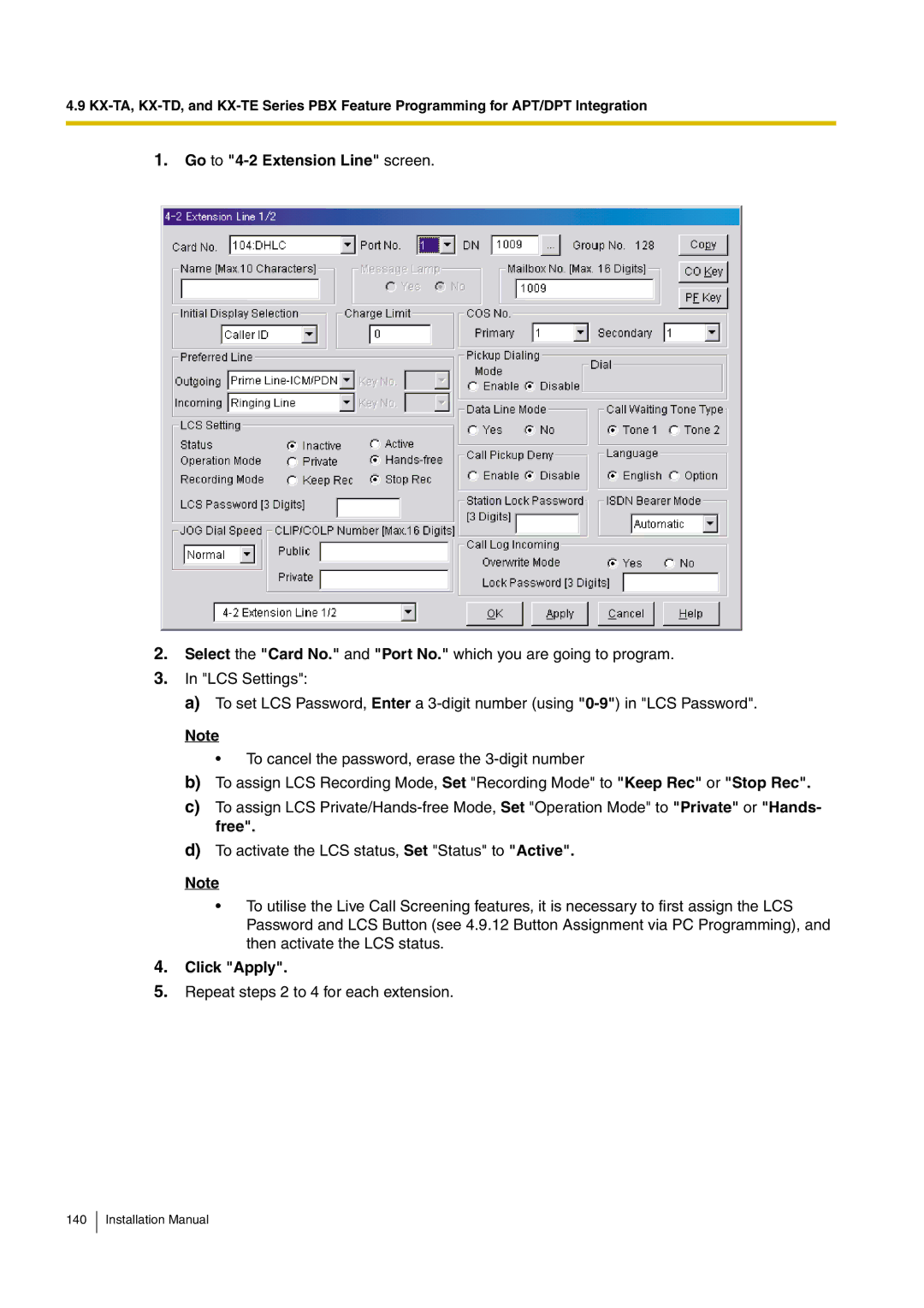 Panasonic KX-TVM50 installation manual Go to 4-2 Extension Line screen, Click Apply 