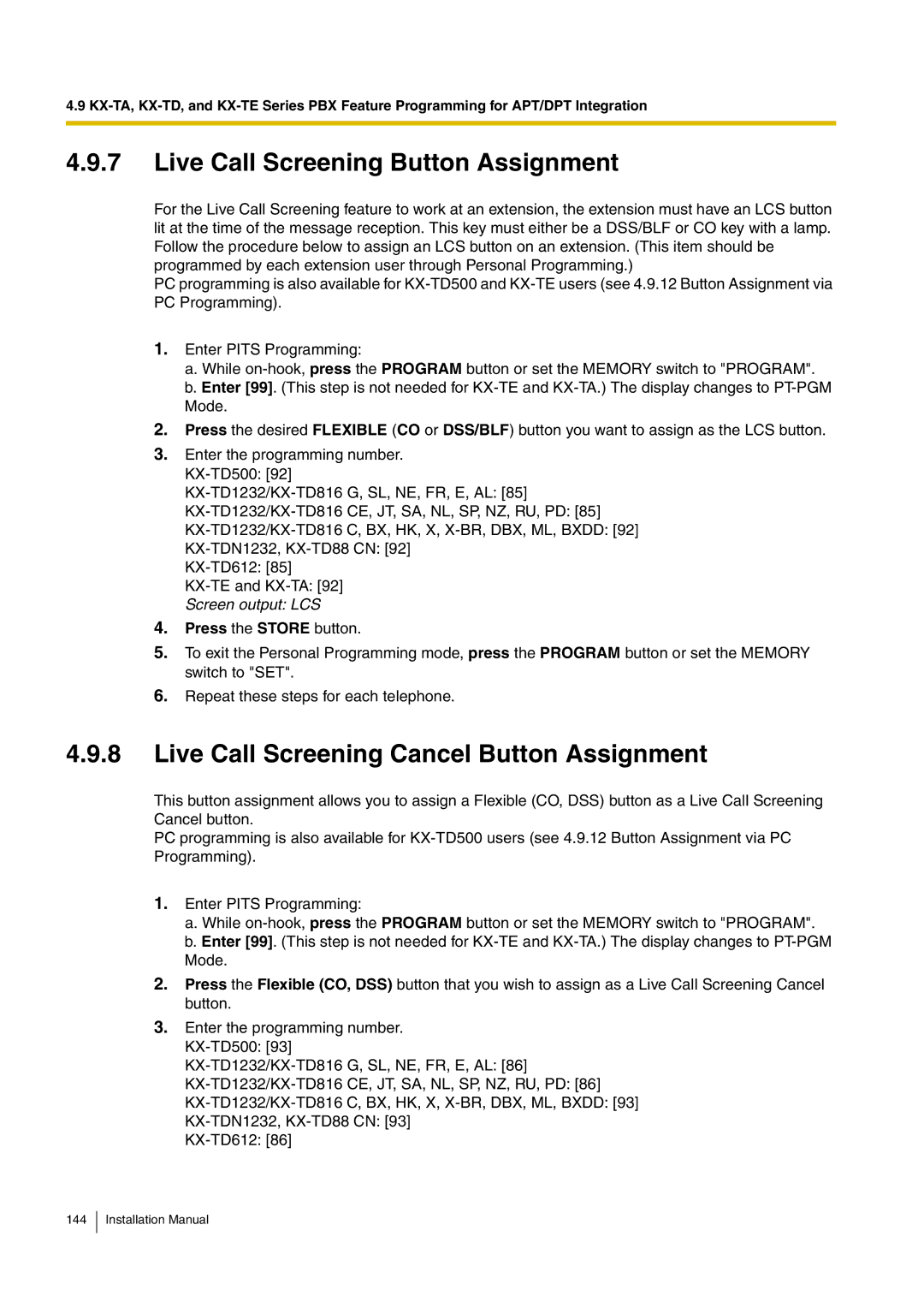 Panasonic KX-TVM50 installation manual Live Call Screening Button Assignment, Live Call Screening Cancel Button Assignment 