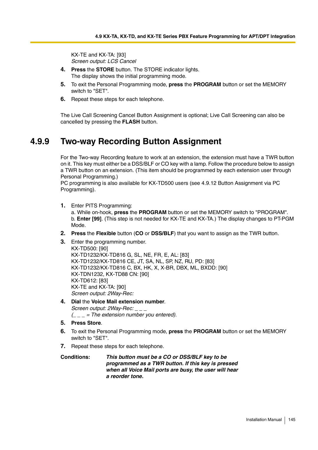 Panasonic KX-TVM50 installation manual Two-way Recording Button Assignment, Press Store 