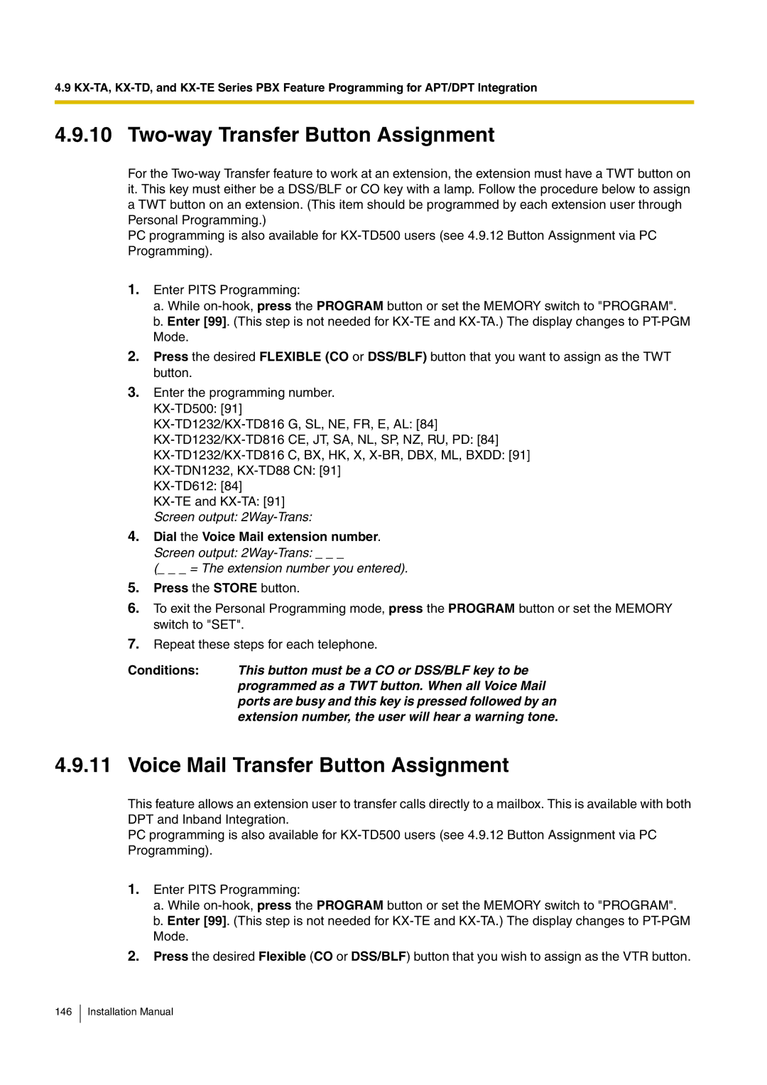 Panasonic KX-TVM50 installation manual Two-way Transfer Button Assignment, Voice Mail Transfer Button Assignment 