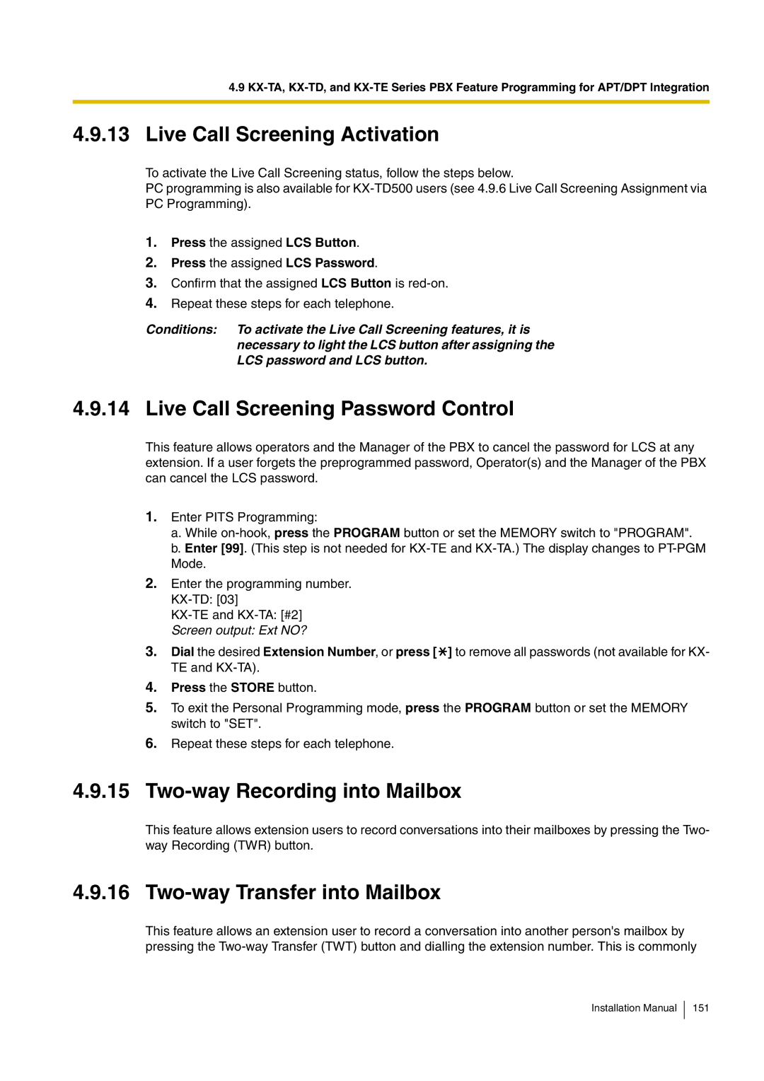 Panasonic KX-TVM50 Live Call Screening Password Control, Two-way Recording into Mailbox, Two-way Transfer into Mailbox 