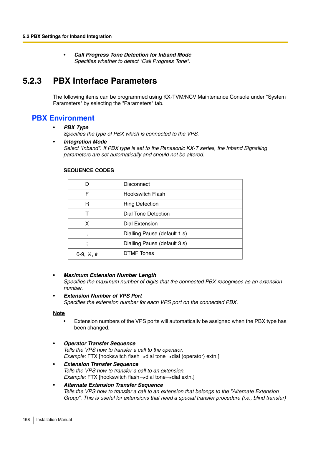 Panasonic KX-TVM50 installation manual PBX Interface Parameters, PBX Environment 