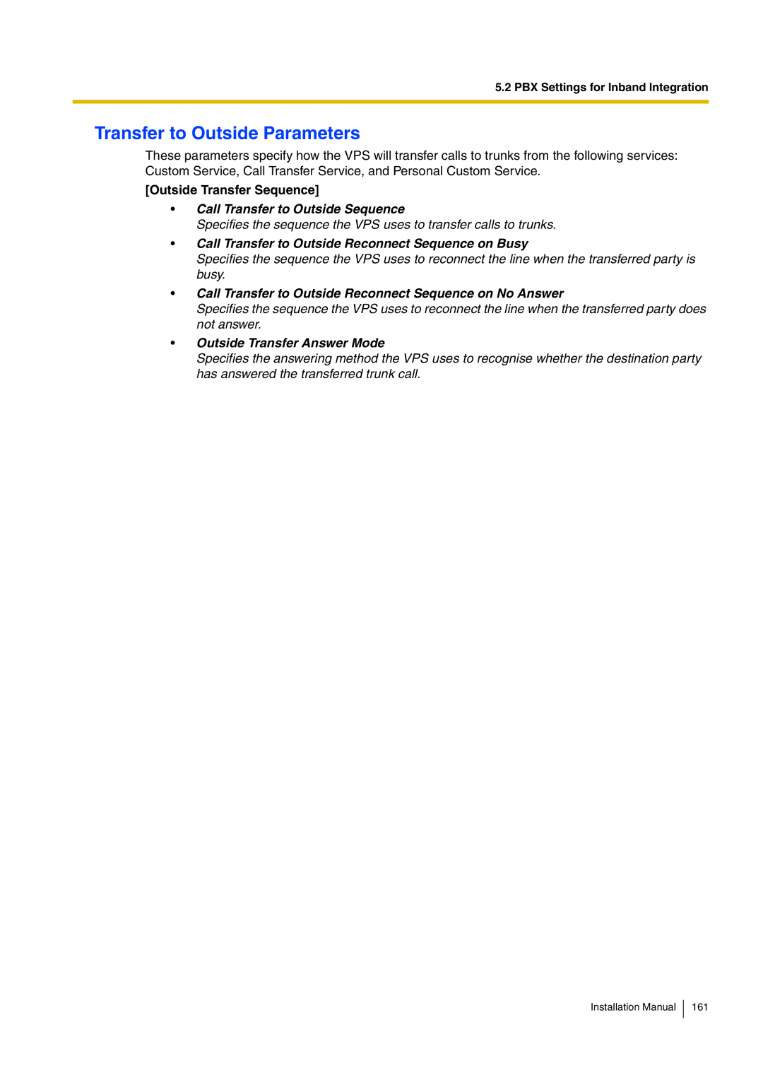 Panasonic KX-TVM50 installation manual Transfer to Outside Parameters, Outside Transfer Sequence 