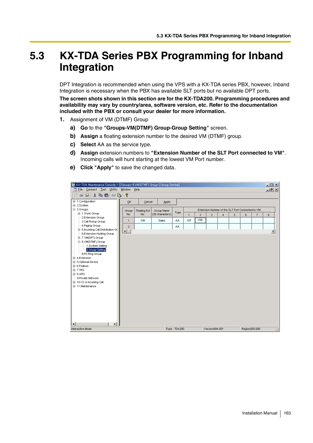 Panasonic KX-TVM50 installation manual KX-TDA Series PBX Programming for Inband Integration 