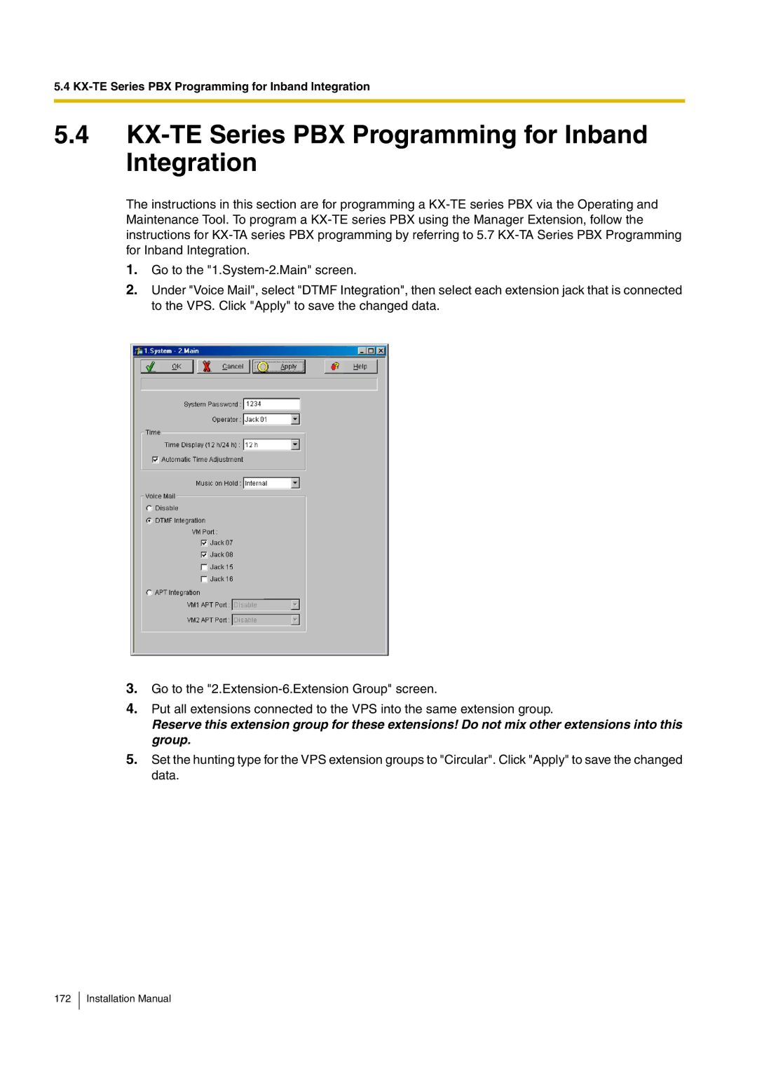 Panasonic KX-TVM50 installation manual KX-TE Series PBX Programming for Inband Integration 