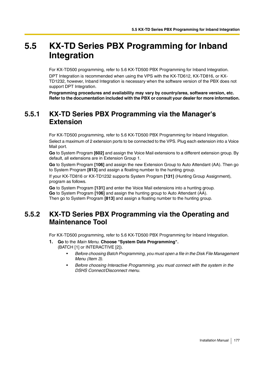 Panasonic KX-TVM50 installation manual KX-TD Series PBX Programming for Inband Integration 