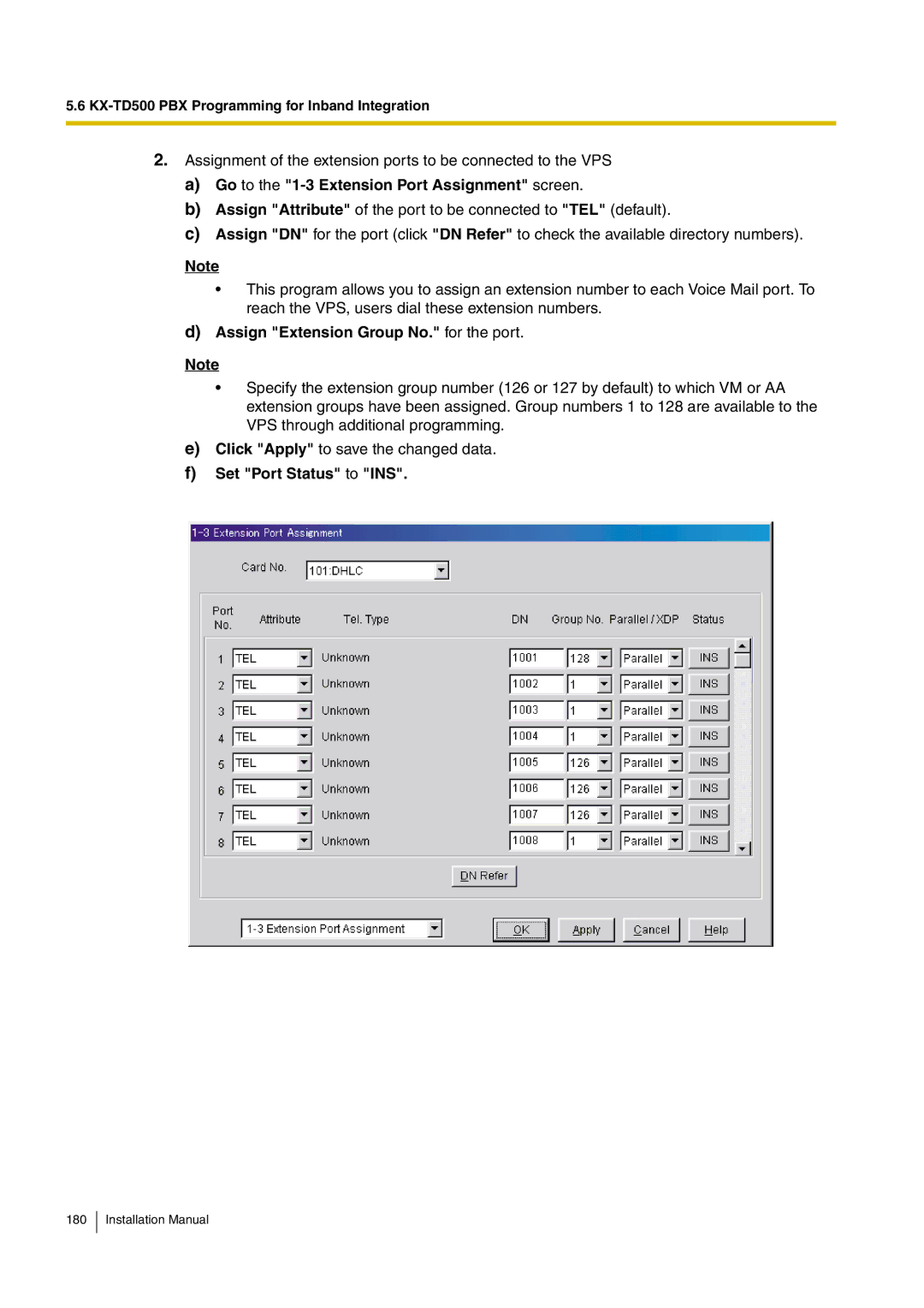 Panasonic KX-TVM50 installation manual Go to the 1-3 Extension Port Assignment screen, Set Port Status to INS 