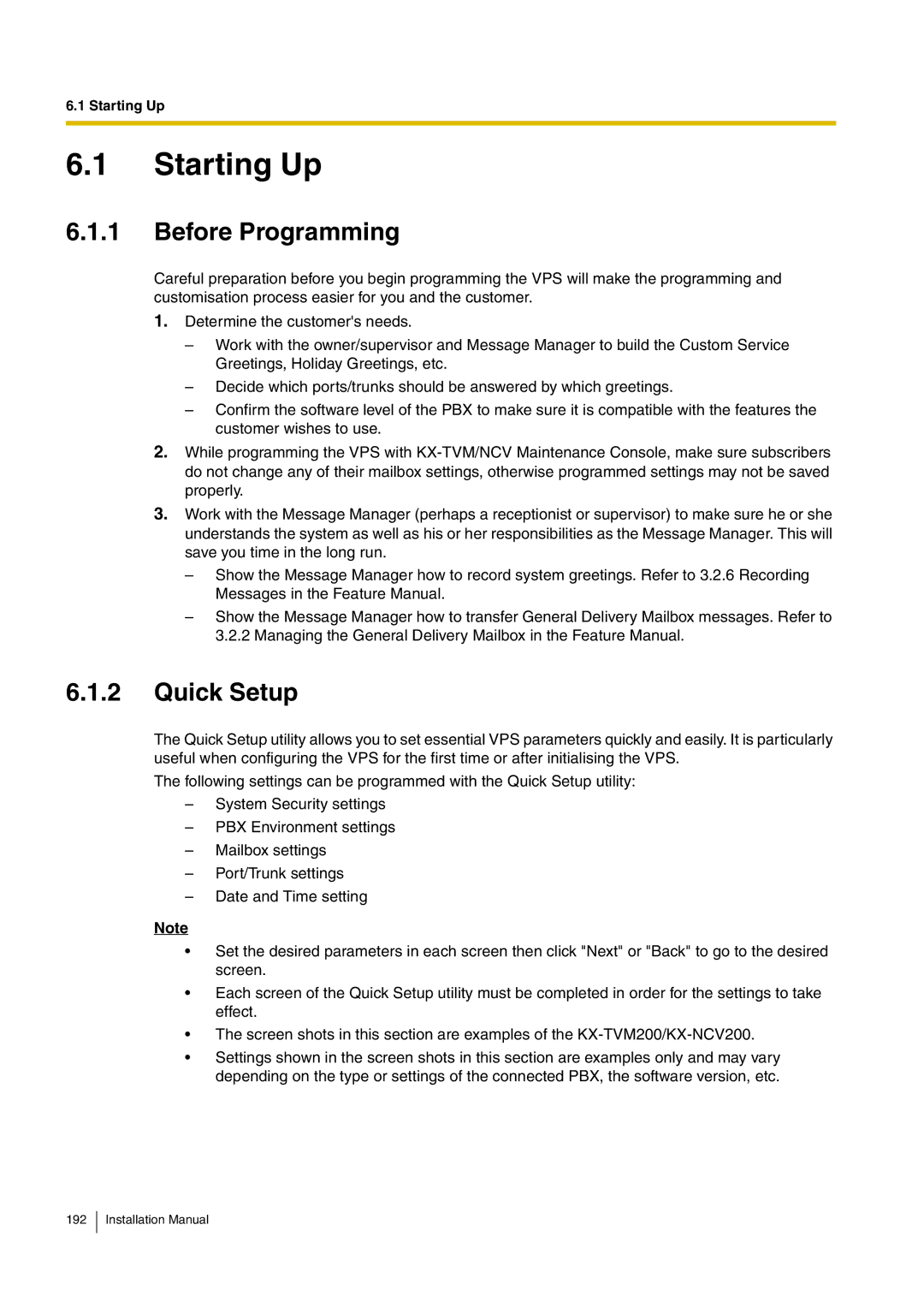 Panasonic KX-TVM50 installation manual Starting Up, Before Programming, Quick Setup 