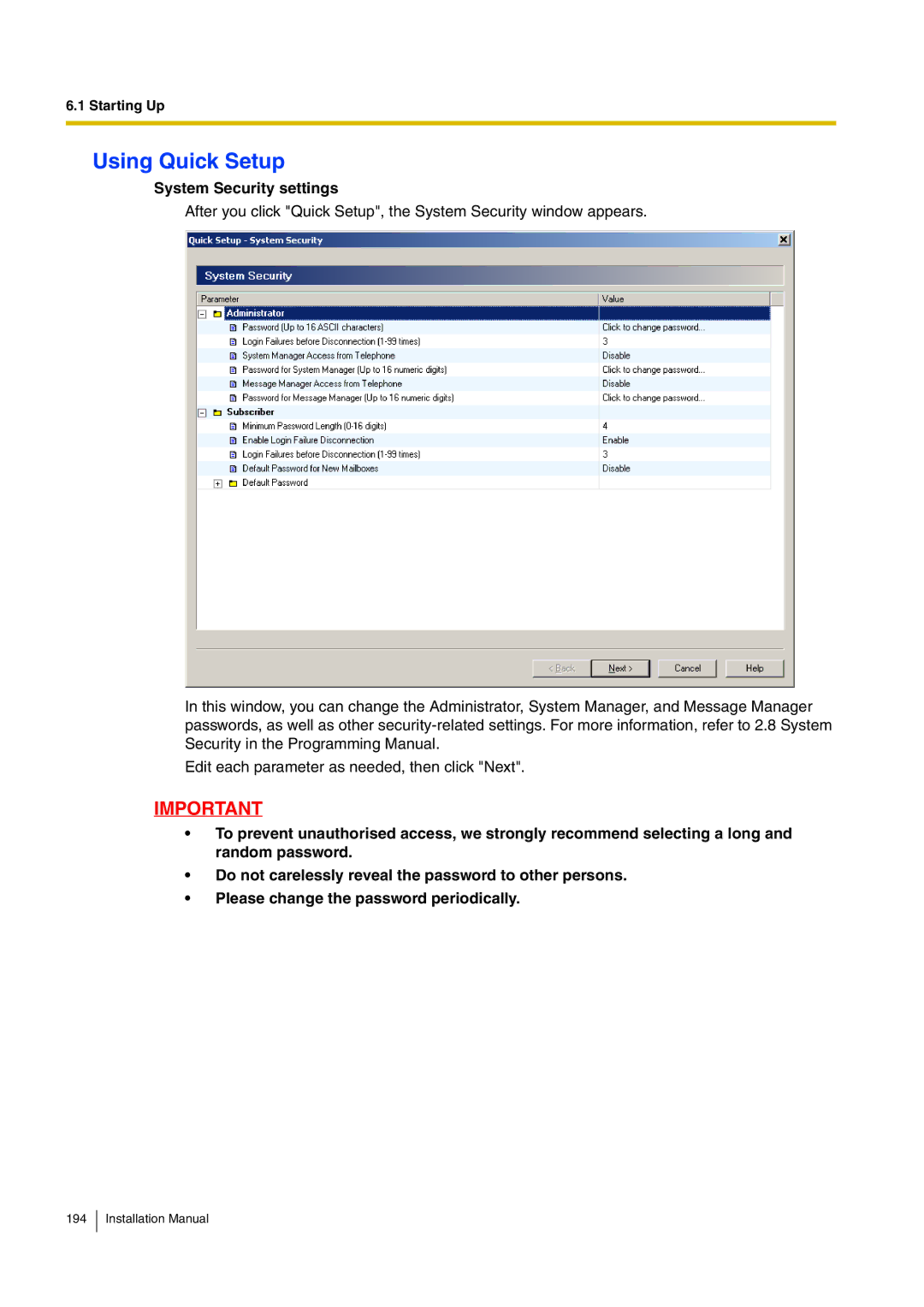 Panasonic KX-TVM50 installation manual Using Quick Setup, System Security settings 