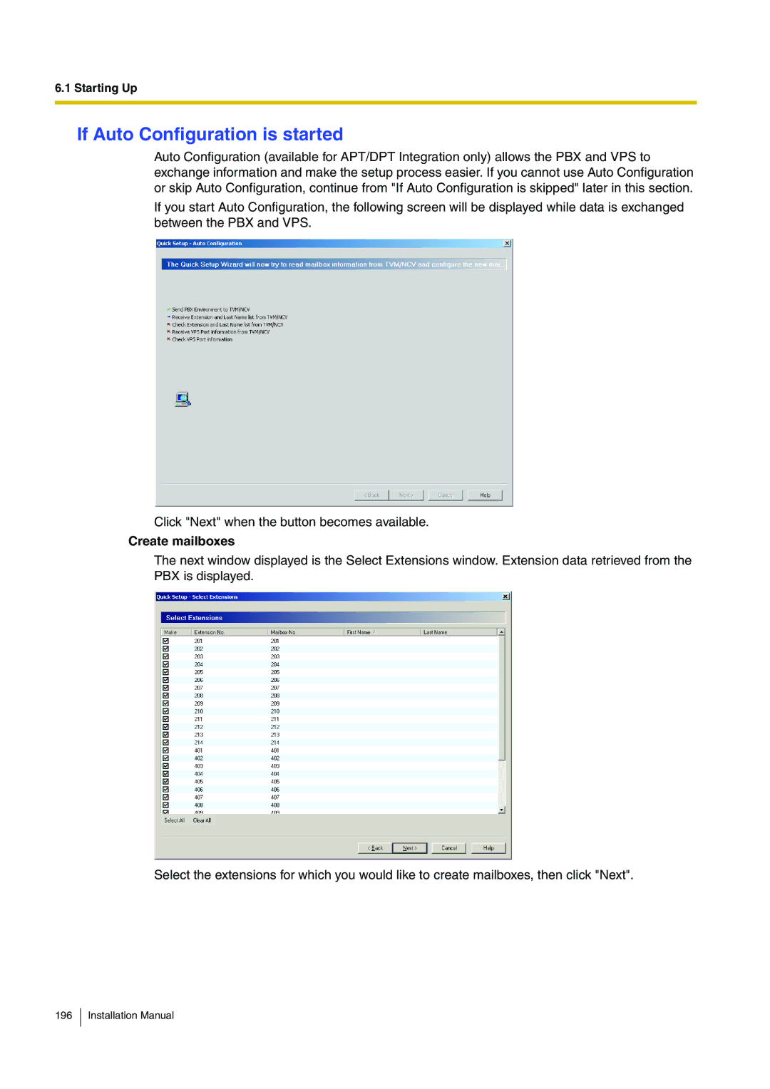 Panasonic KX-TVM50 installation manual If Auto Configuration is started, Create mailboxes 