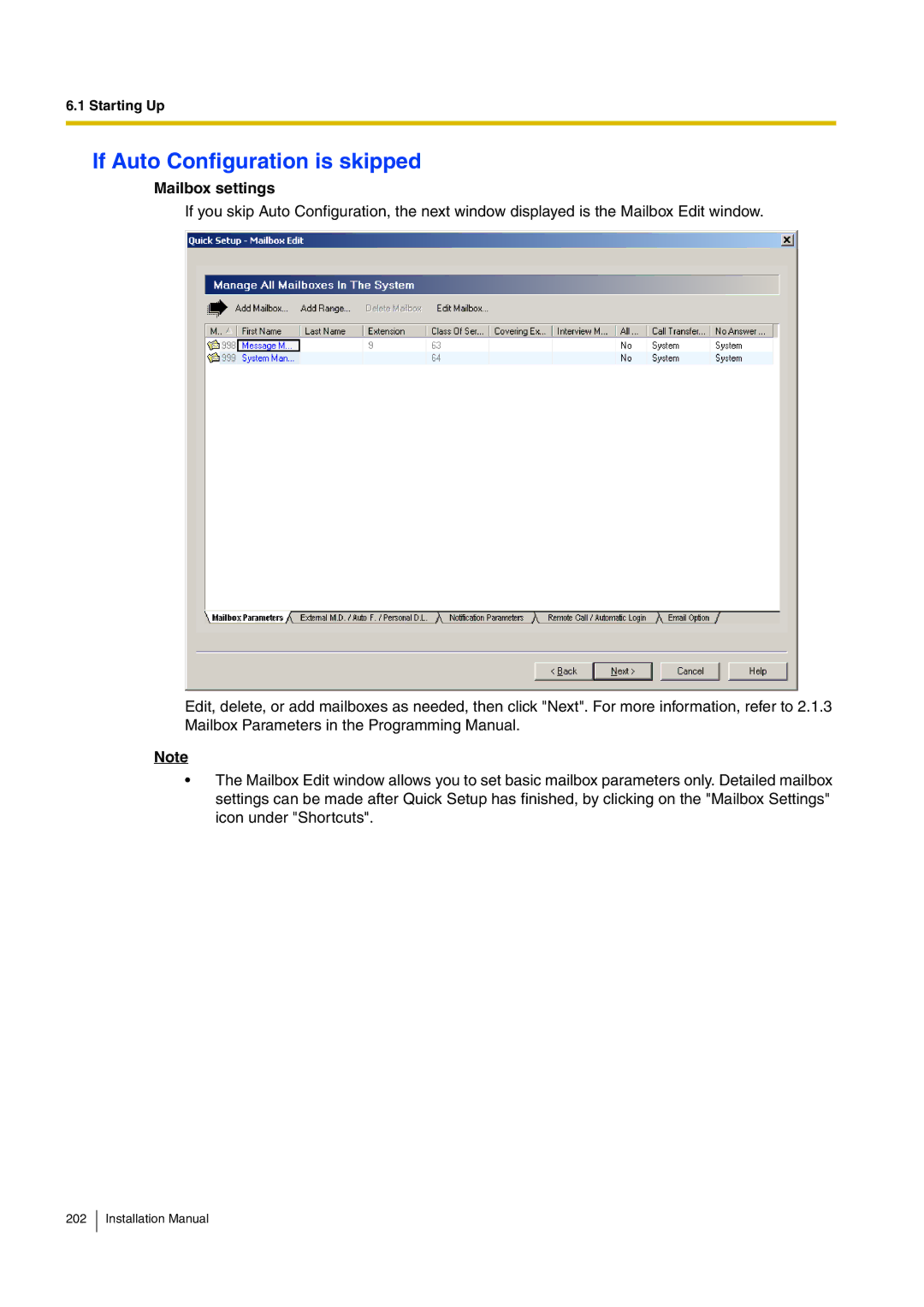 Panasonic KX-TVM50 installation manual If Auto Configuration is skipped, Mailbox settings 