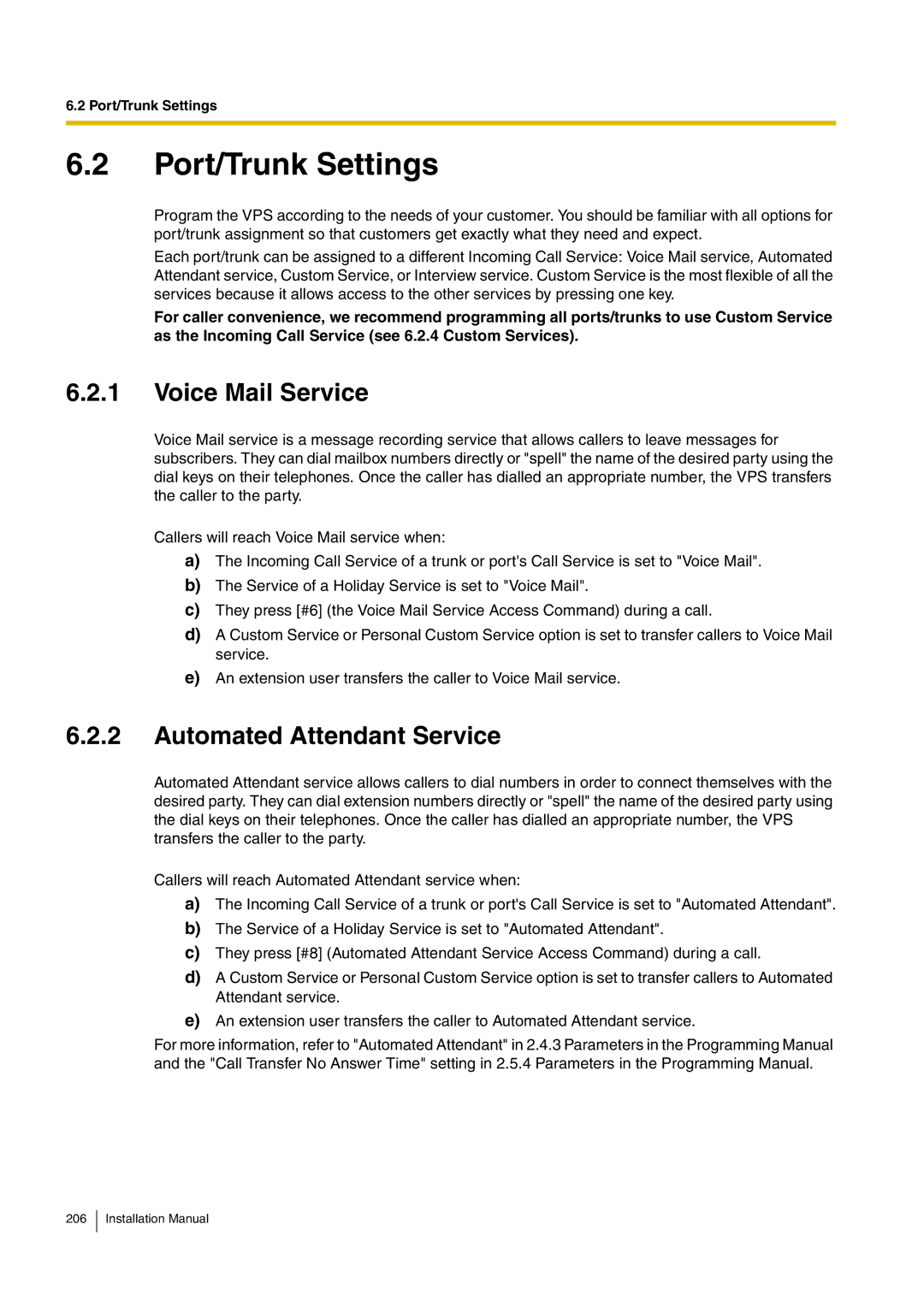 Panasonic KX-TVM50 installation manual Port/Trunk Settings, Voice Mail Service, Automated Attendant Service 