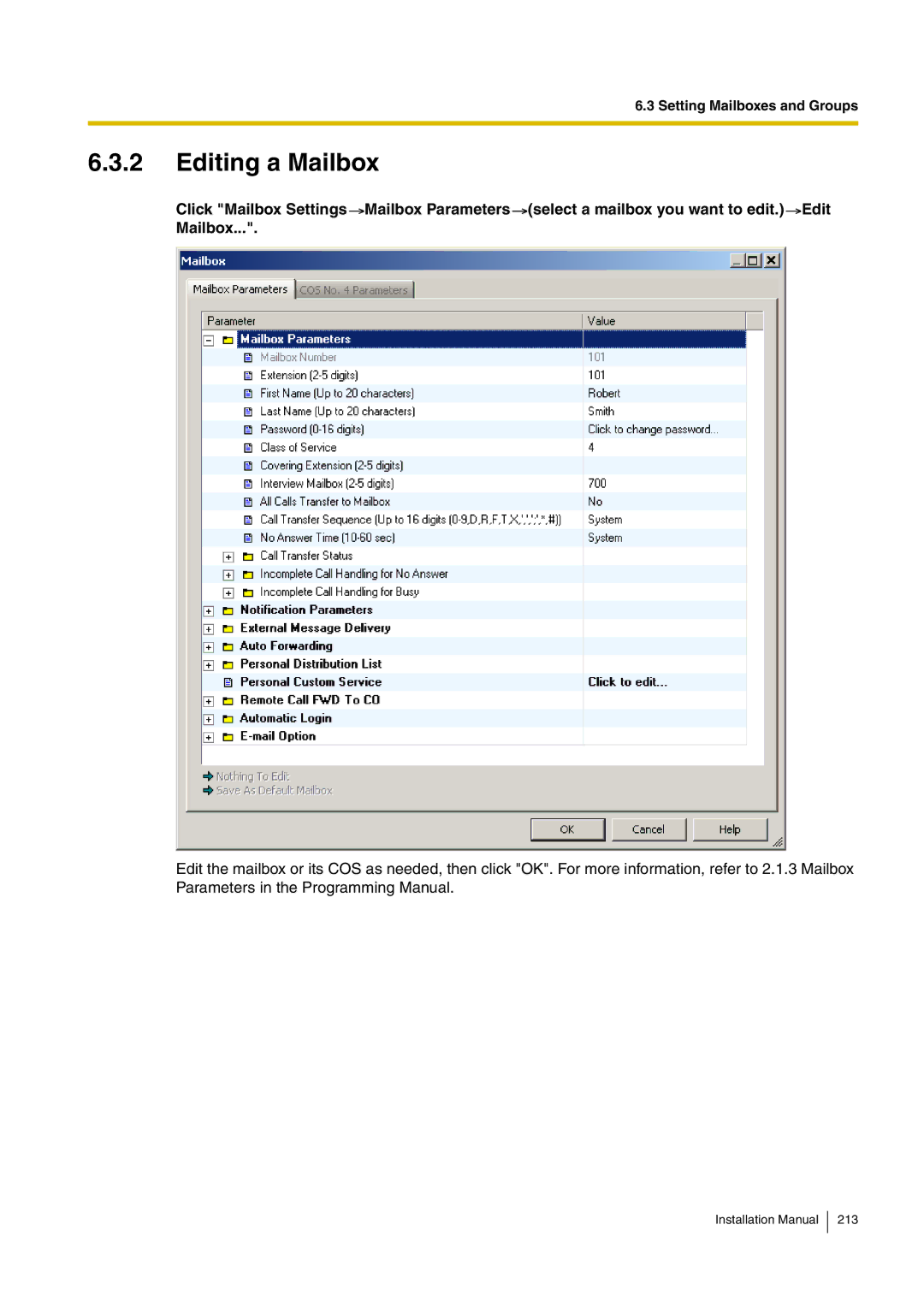 Panasonic KX-TVM50 installation manual Editing a Mailbox 