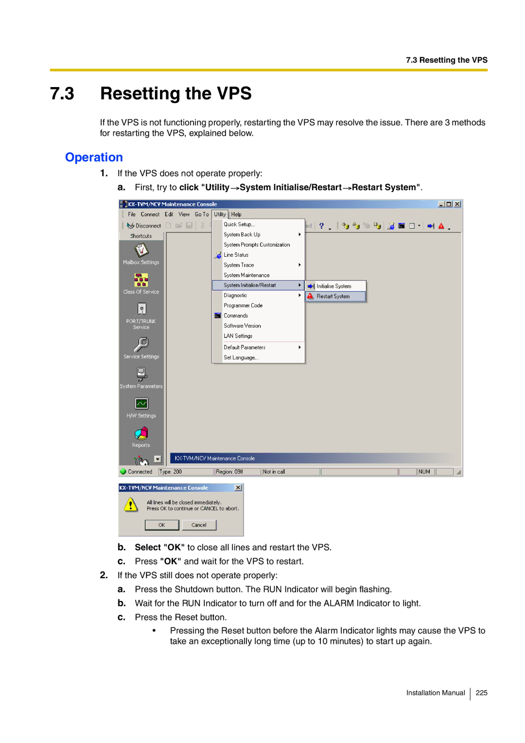 Panasonic KX-TVM50 installation manual Resetting the VPS, Operation 