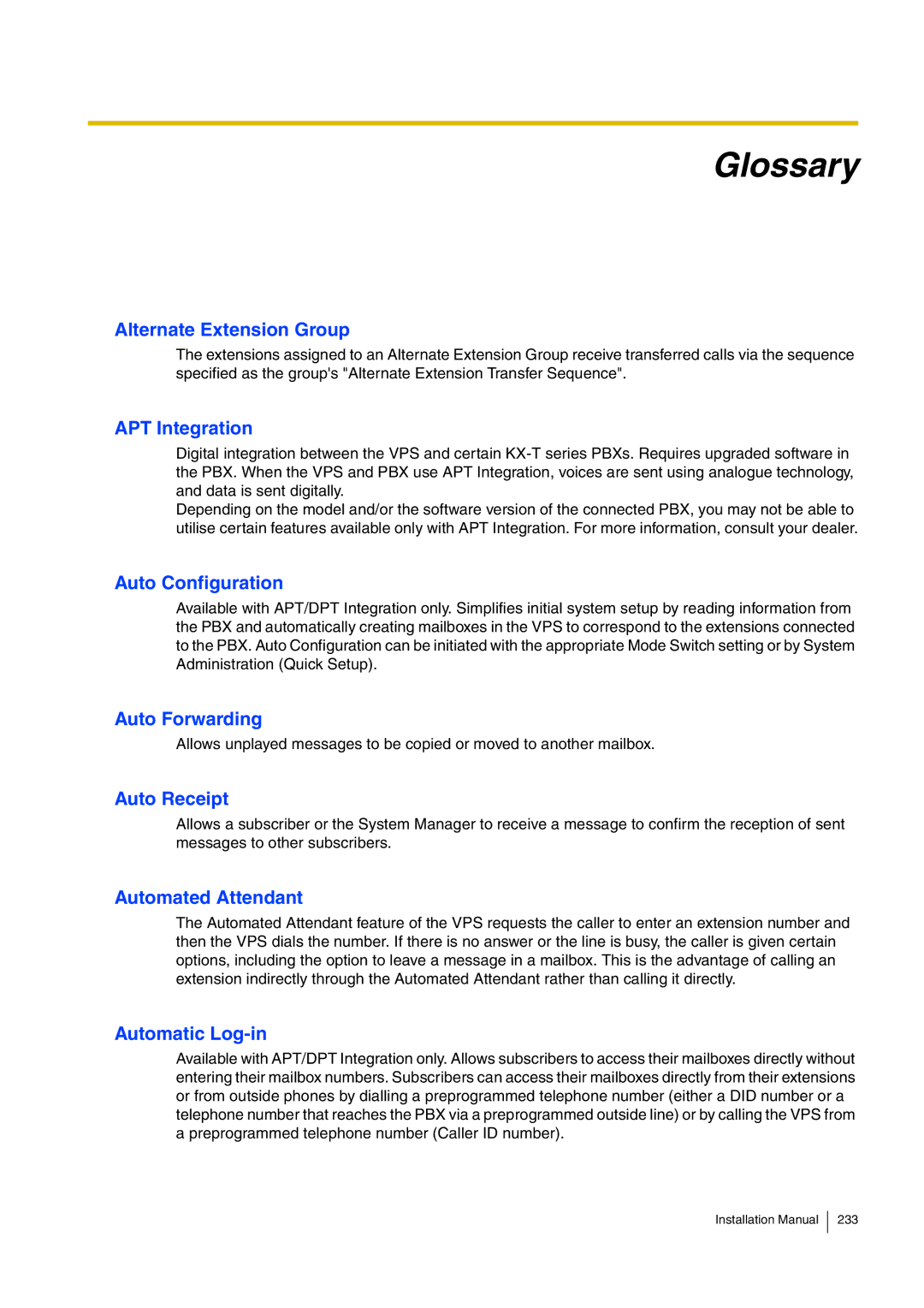 Panasonic KX-TVM50 installation manual Glossary 