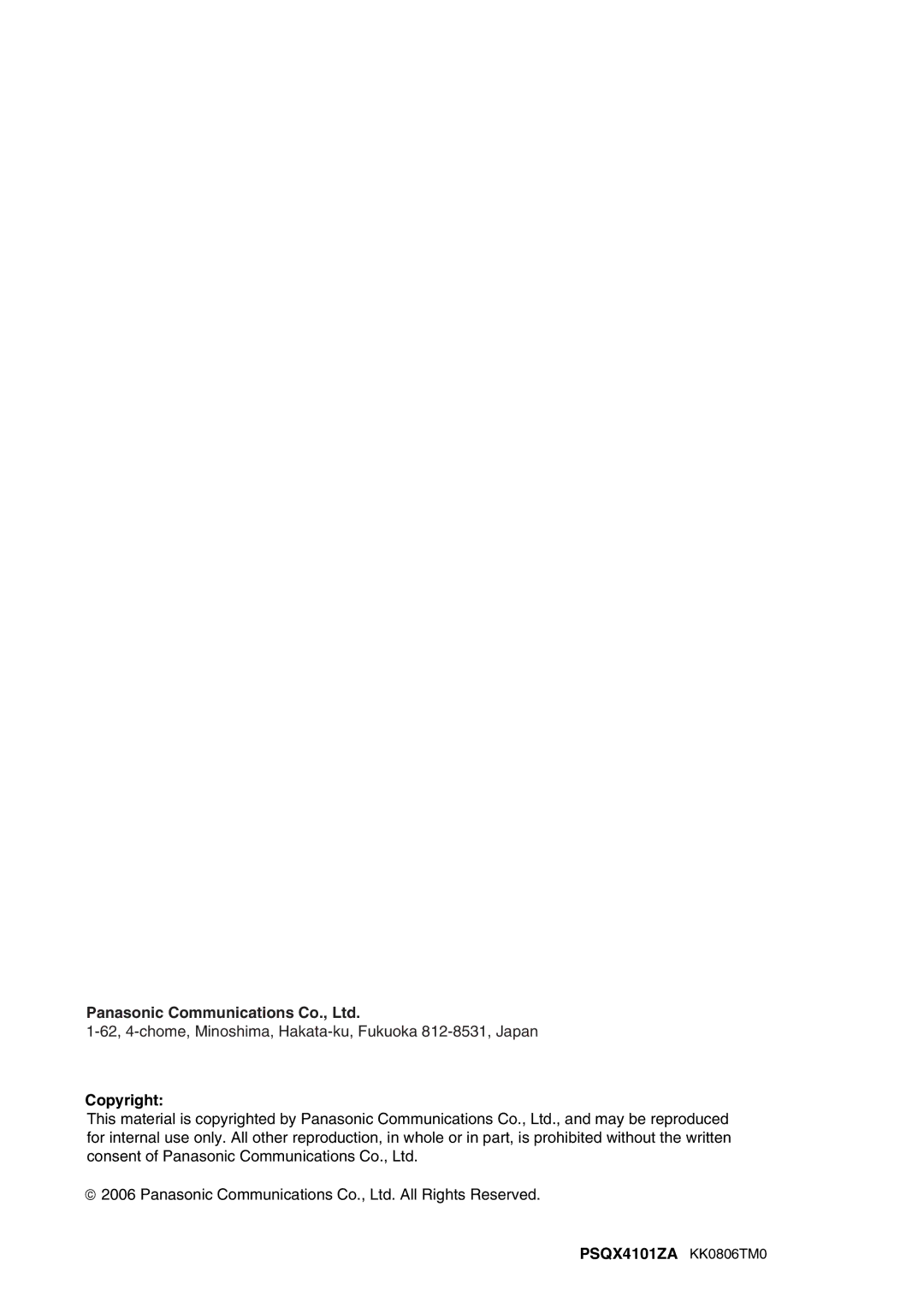 Panasonic KX-TVM50 installation manual Copyright PSQX4101ZA KK0806TM0 