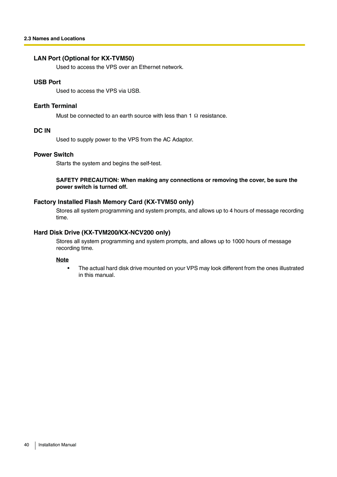 Panasonic installation manual LAN Port Optional for KX-TVM50, USB Port, Earth Terminal, Power Switch 