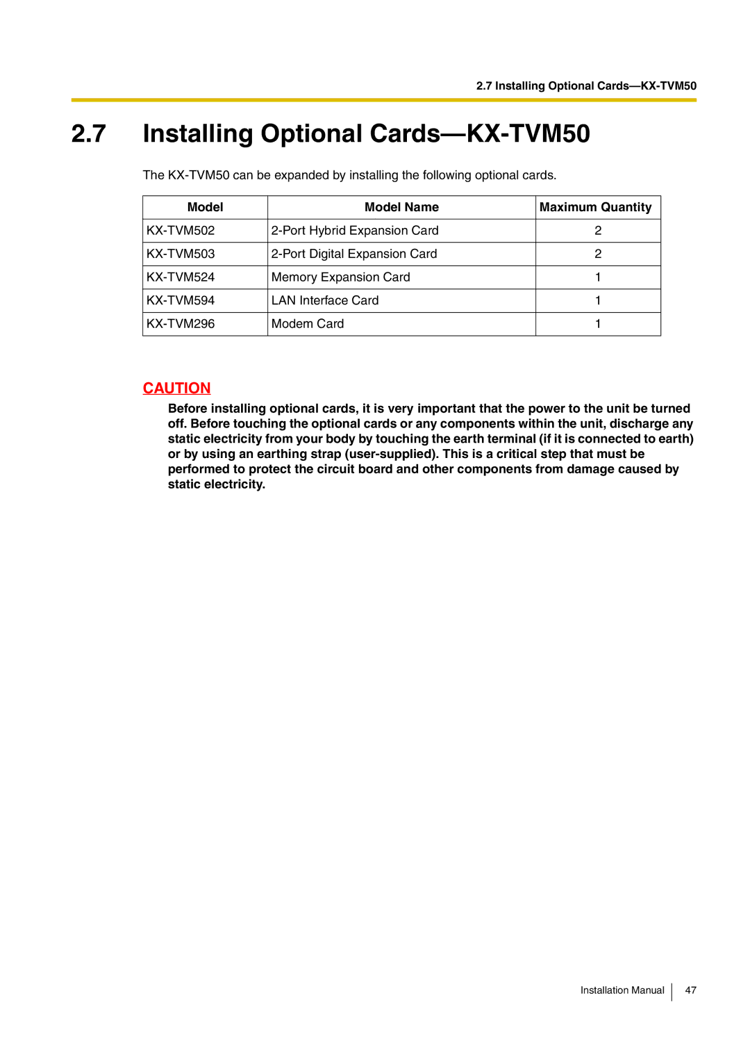 Panasonic installation manual Installing Optional Cards-KX-TVM50, Model Model Name Maximum Quantity 