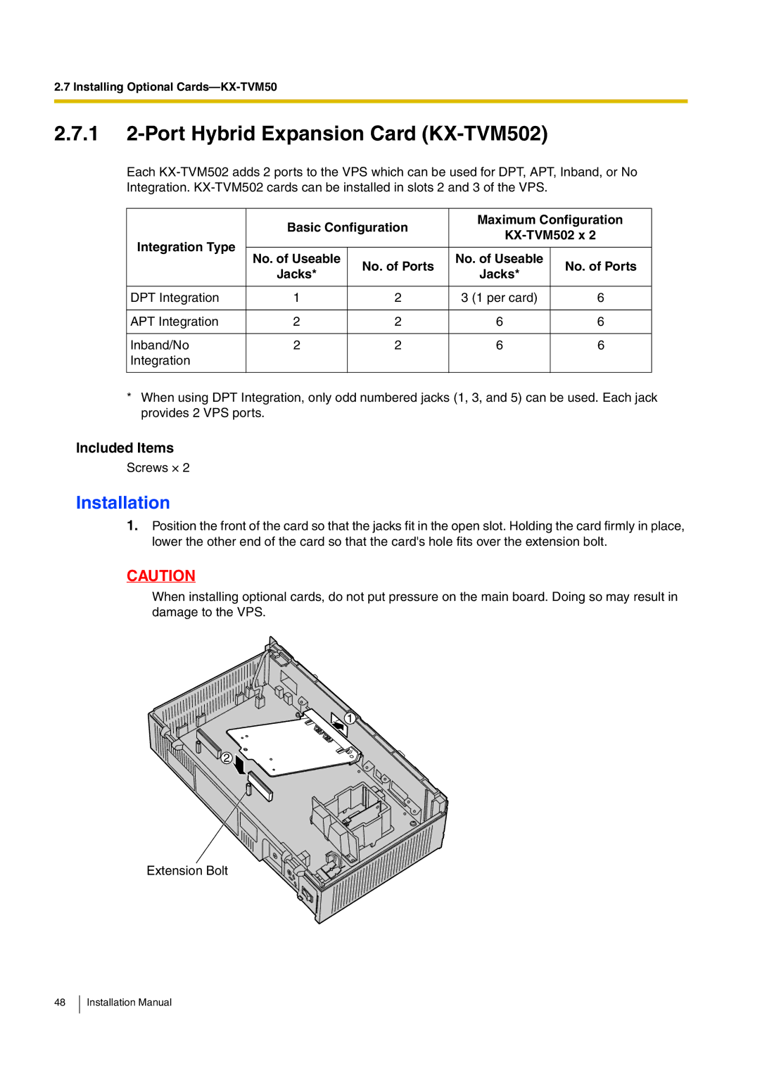 Panasonic 1 2-Port Hybrid Expansion Card KX-TVM502, Installation, Included Items, No. of Ports No. of Useable Jacks 