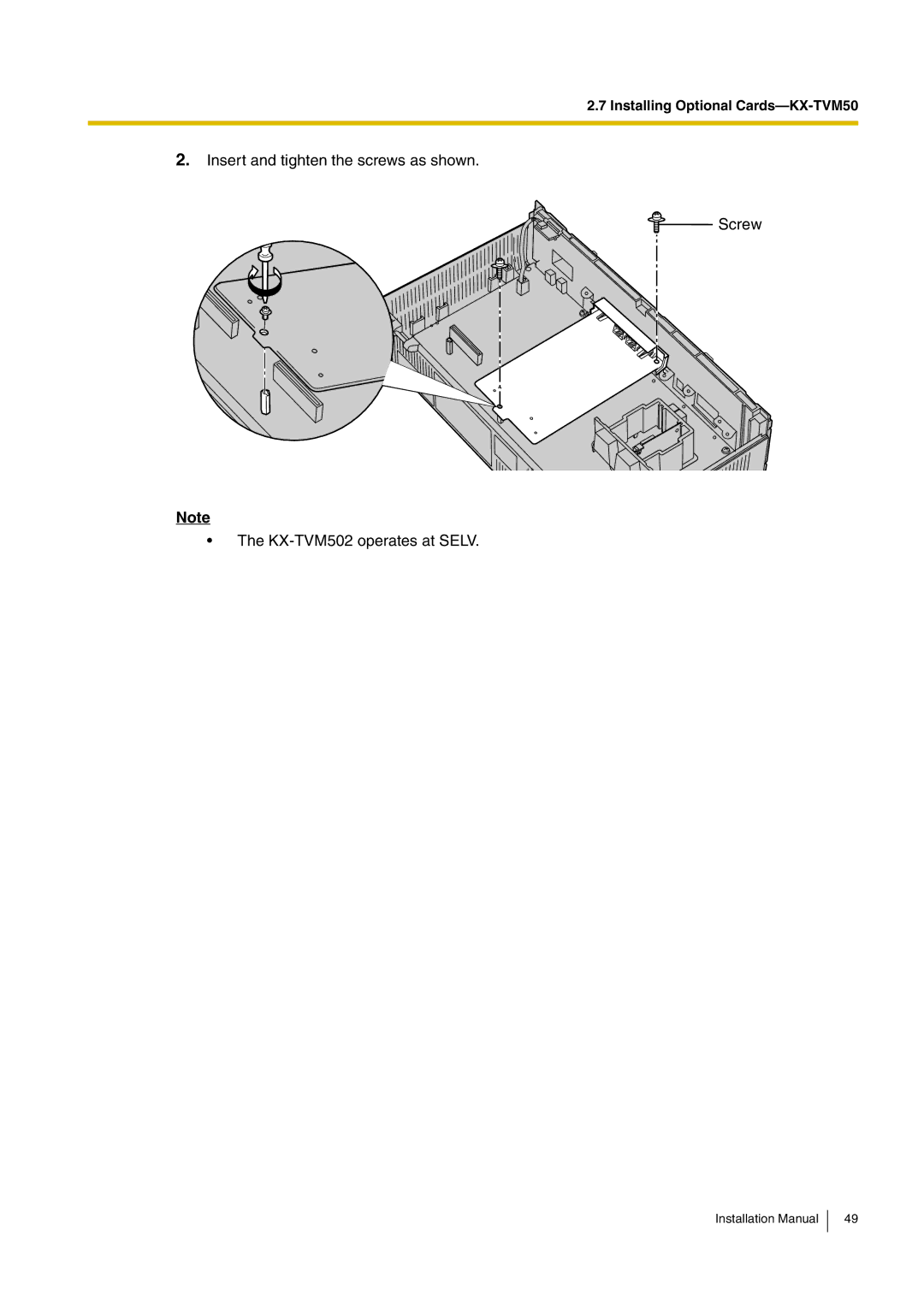 Panasonic installation manual Installing Optional Cards-KX-TVM50 