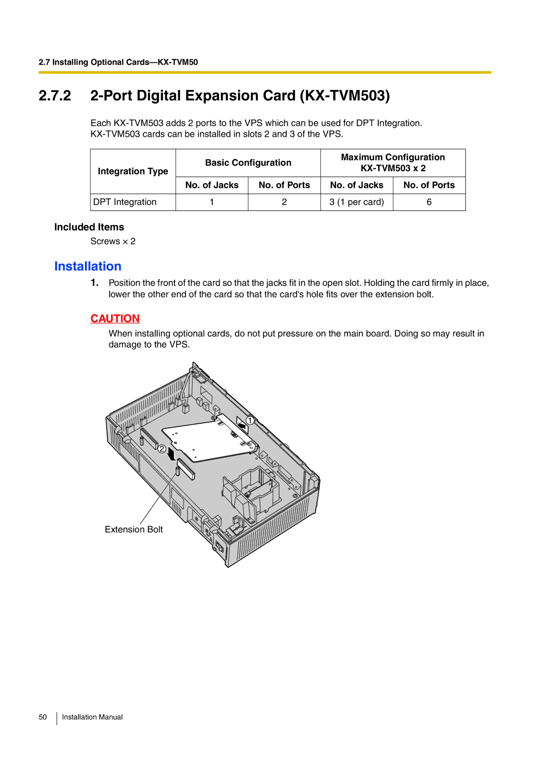 Panasonic installation manual 2 2-Port Digital Expansion Card KX-TVM503 