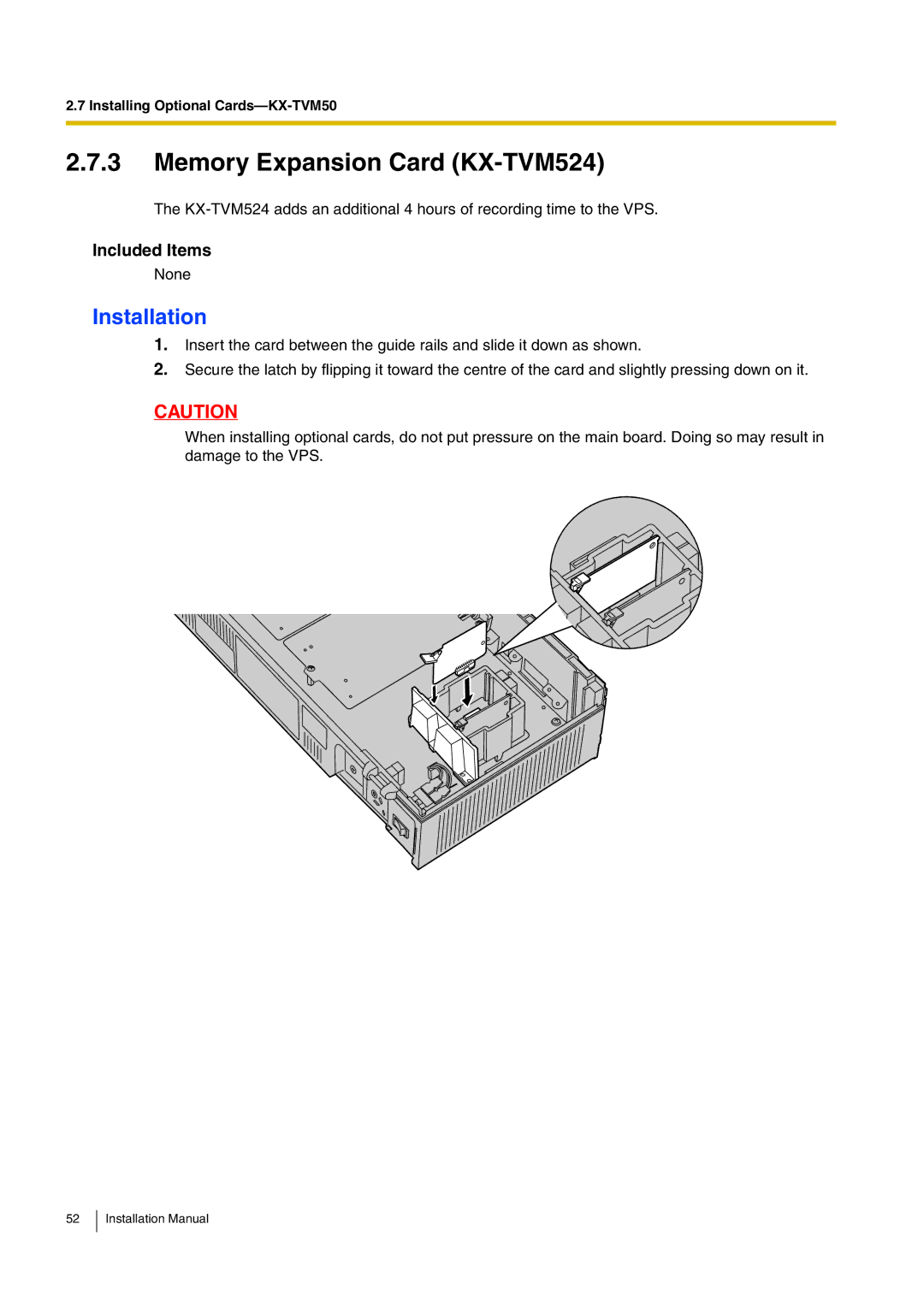 Panasonic KX-TVM50 installation manual Memory Expansion Card KX-TVM524 